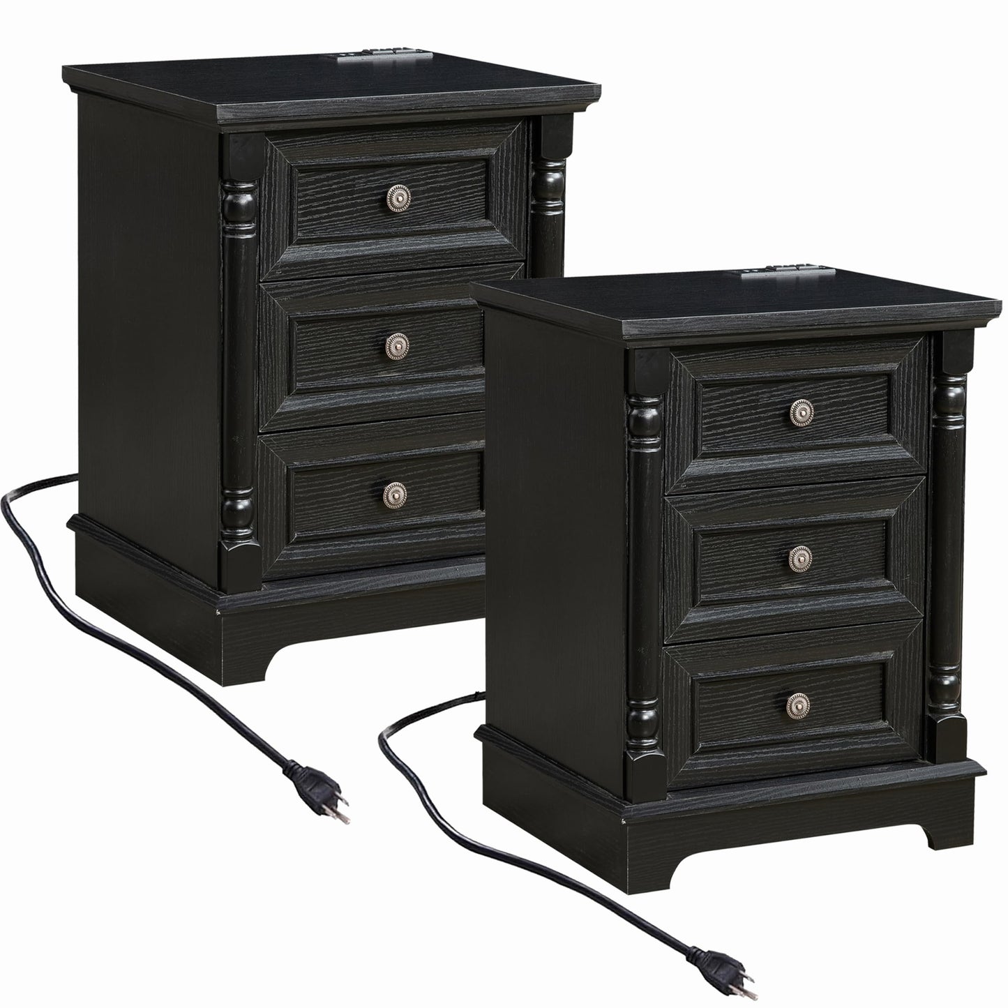 OKYCI Modern Nightstand Set of 2 with Charging Station, 3 Drawer Bedside Tables Set with Roman Column Design, Wood End Tables Set of 2 for Bedroom, Black