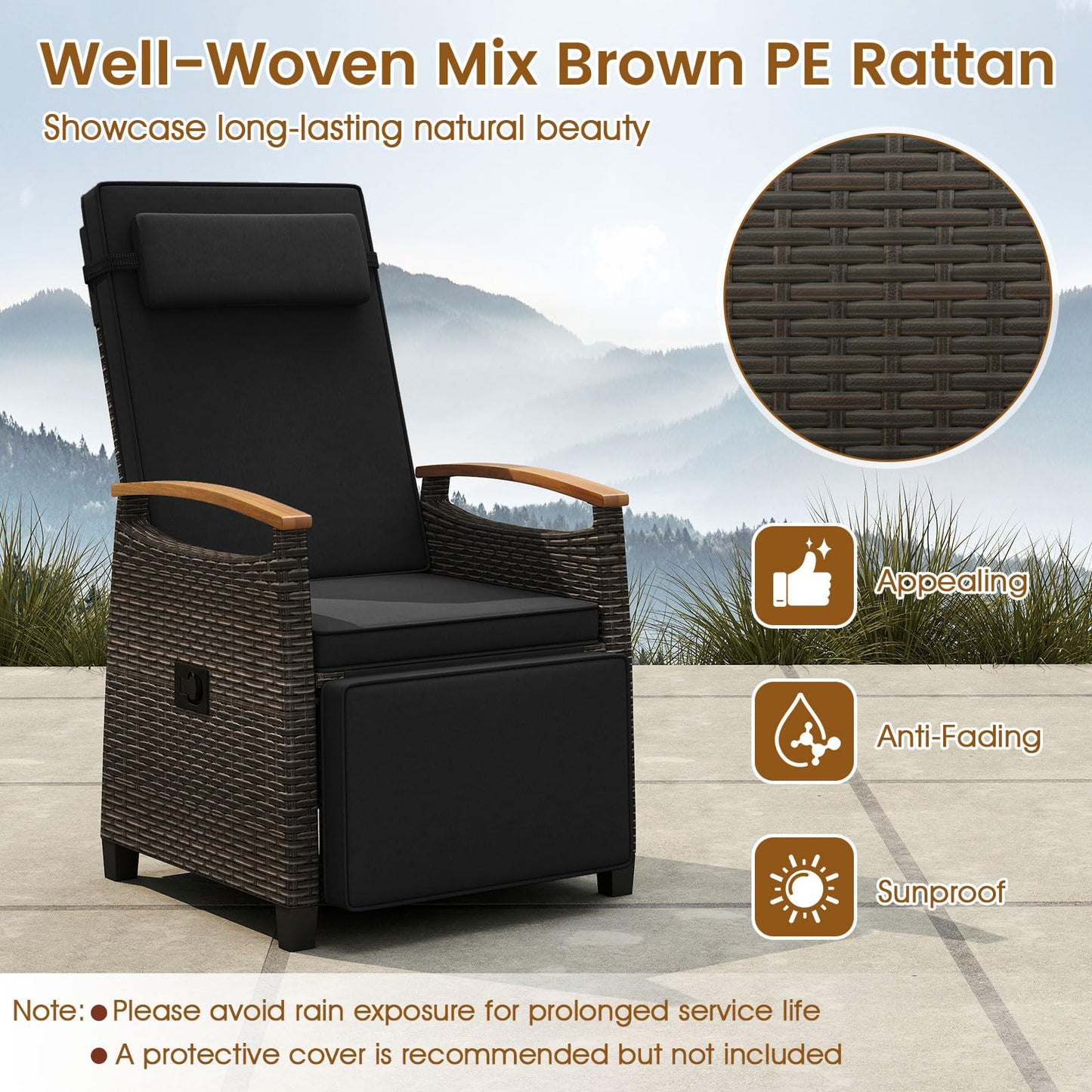 HAPPYGRILL Outdoor Rattan Wicker Chaise Lounge Recliner Chair with Adjustable Backrest & Footrest, Push Back Outside Seat w/Cushion & Flip Table for Backyard, Porch, Balcony (Black,1)