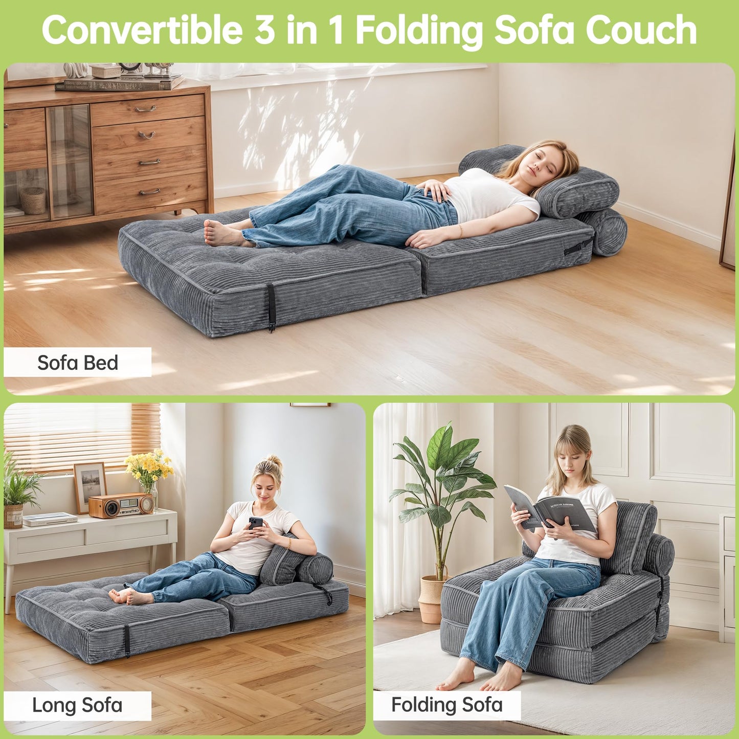 PulseFay Folding Sofa Bed, Convertible Foldable Chair Bed, Floor Couch for Adults, Comfy Floor Sofa Small Couches for Small Spaces, Gray