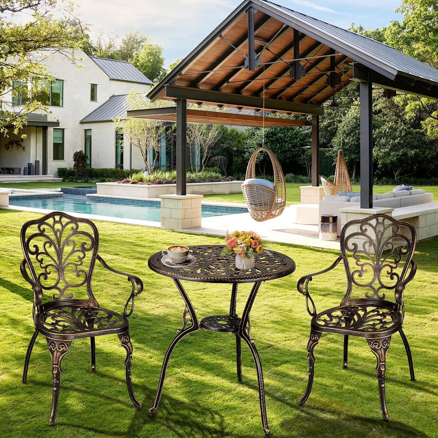 GarveeHome 3 Piece Outdoor Bistro Set, Cast Aluminum Patio Table and Chairs Set of 2 with Umbrella Hole, Rust-Resistant All Weather Balcony Furniture for Backyard, Porch, Bronze