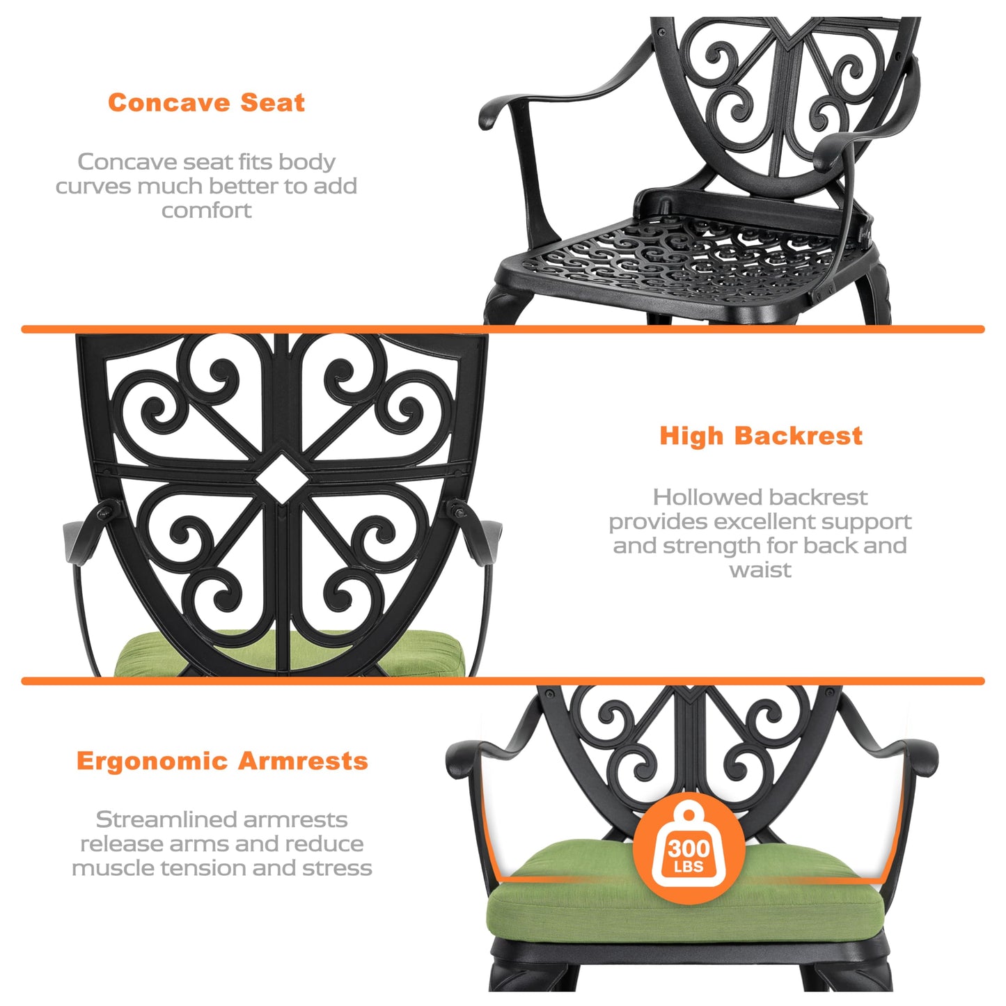 NUU GARDEN Outdoor 3-Piece Bistro Set with Cushions, Round 24 Inch Cast Aluminum Bistro Table with 2.17" Umbrella Hole, 2 Cast Aluminum Bistro Chairs, for Patio, Garden, Backyard and Balcony, Black