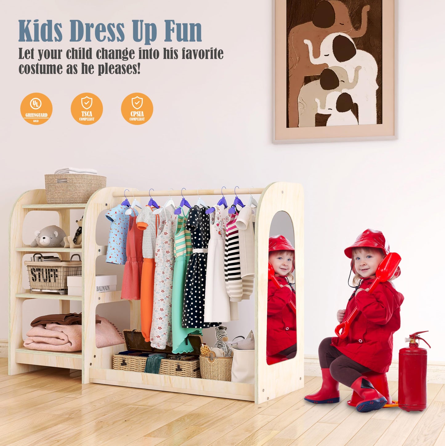Qifeila Kids Dress Up Storage with Mirror, Wooden Kids Dress Up Rack for Little Girls and Boys, Kid Wardrobe Closet with Storage Shelf