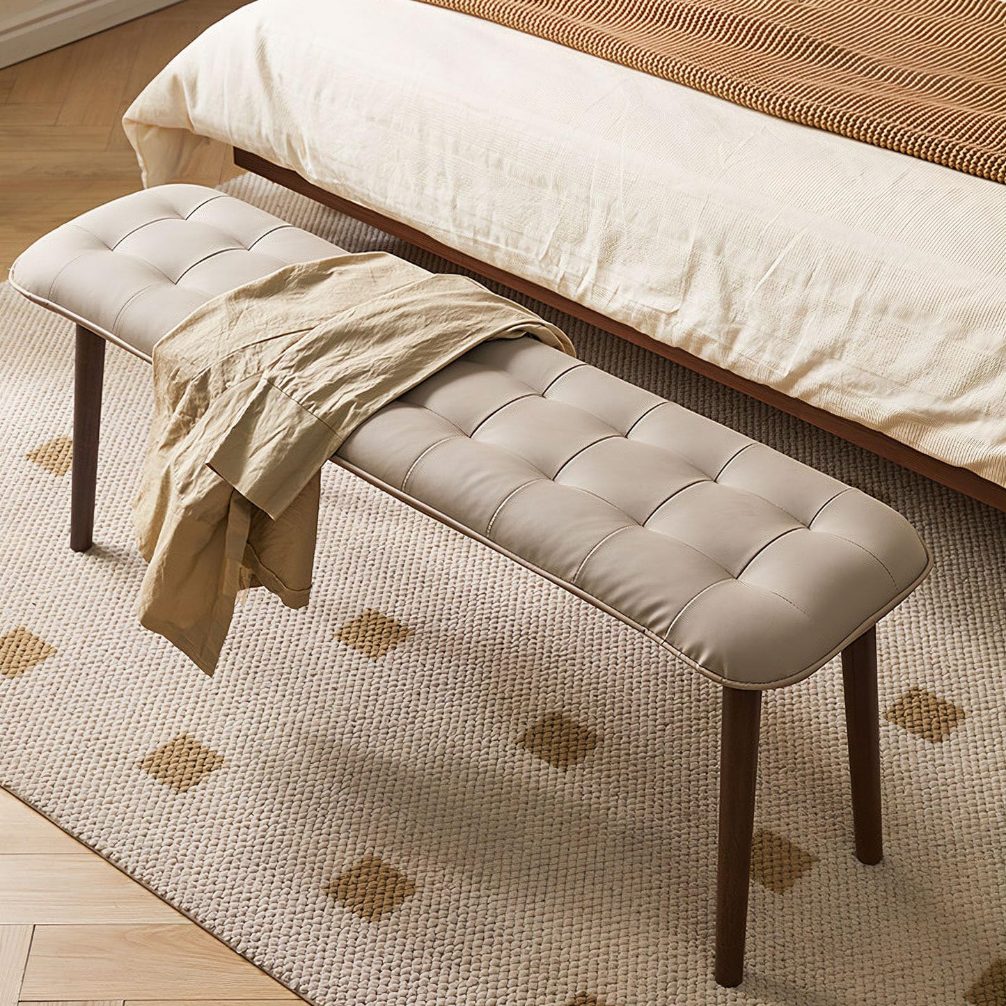 Cttasty Entryway Bench, Solid Wood Dining Bench, Midcentury End of Bed Bench with PU Leather Padded Seat, Bedroom Bench, 47.24" L x 12.6" W x 17.72" H (Beige)