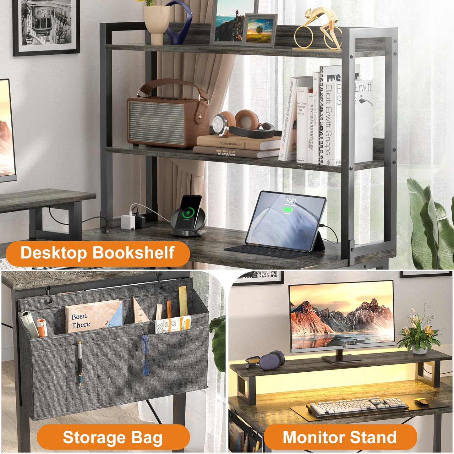 Homieasy L Shaped Computer Desk with Bookshelf, 47 Inch Reversible Corner Gaming Desk with Charging Station & Led Light, Home Office Desk with Hutch Monitor Stand Storage Shelves Bag, Black Oak