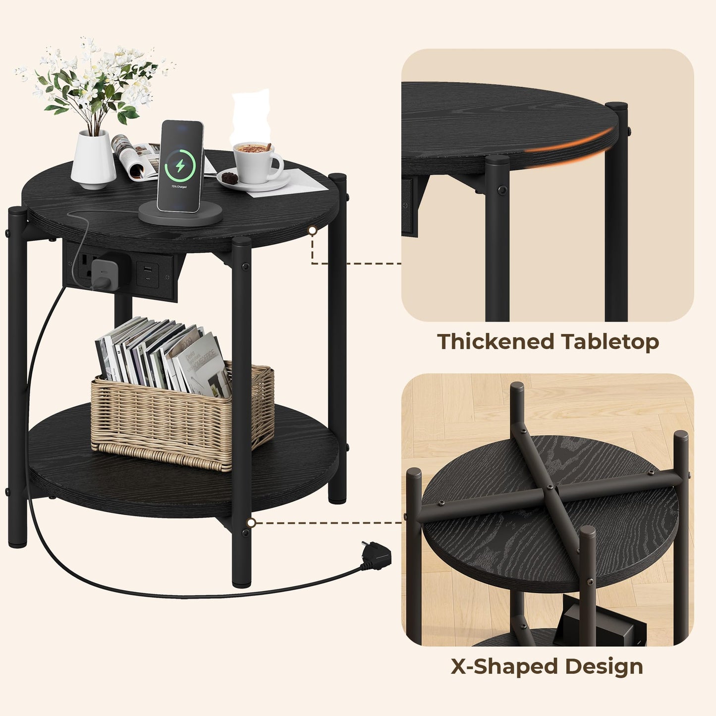 LIKIMIO Round Side Table with Charging Station, 2-Tier Wooden End Table with Lower Shelf, 15.8" W Modern Wooden Nightstand for Small Spaces, Living Room, Bedroom, Black