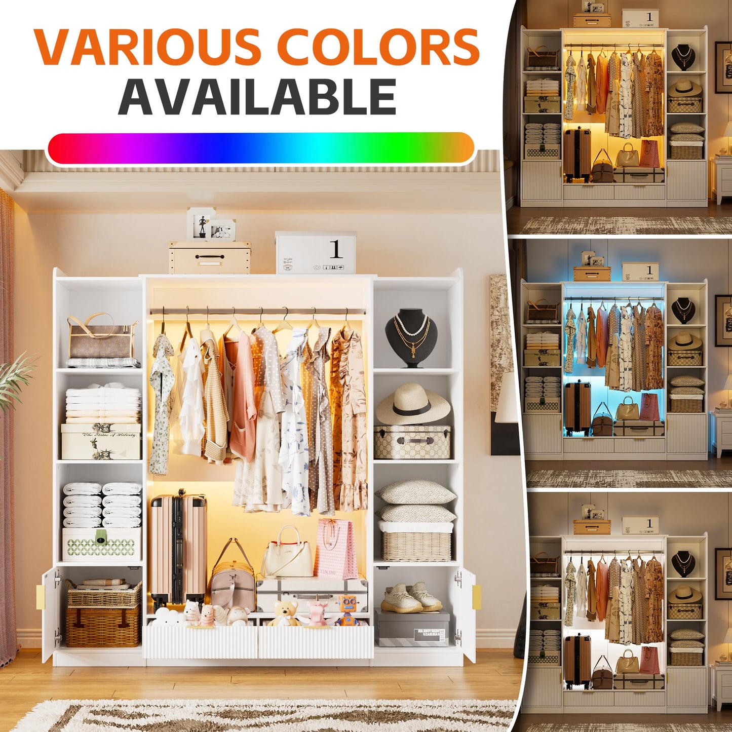 PAKASEPT Freestanding Closet System, 64.9" Stand-Alone Wardrobe with 6 Display Storage Cabinet & Hanging Rods & 2 Wood Drawers, Cloth Garment Rack with Multi Color Light, Walk-in Closet, White