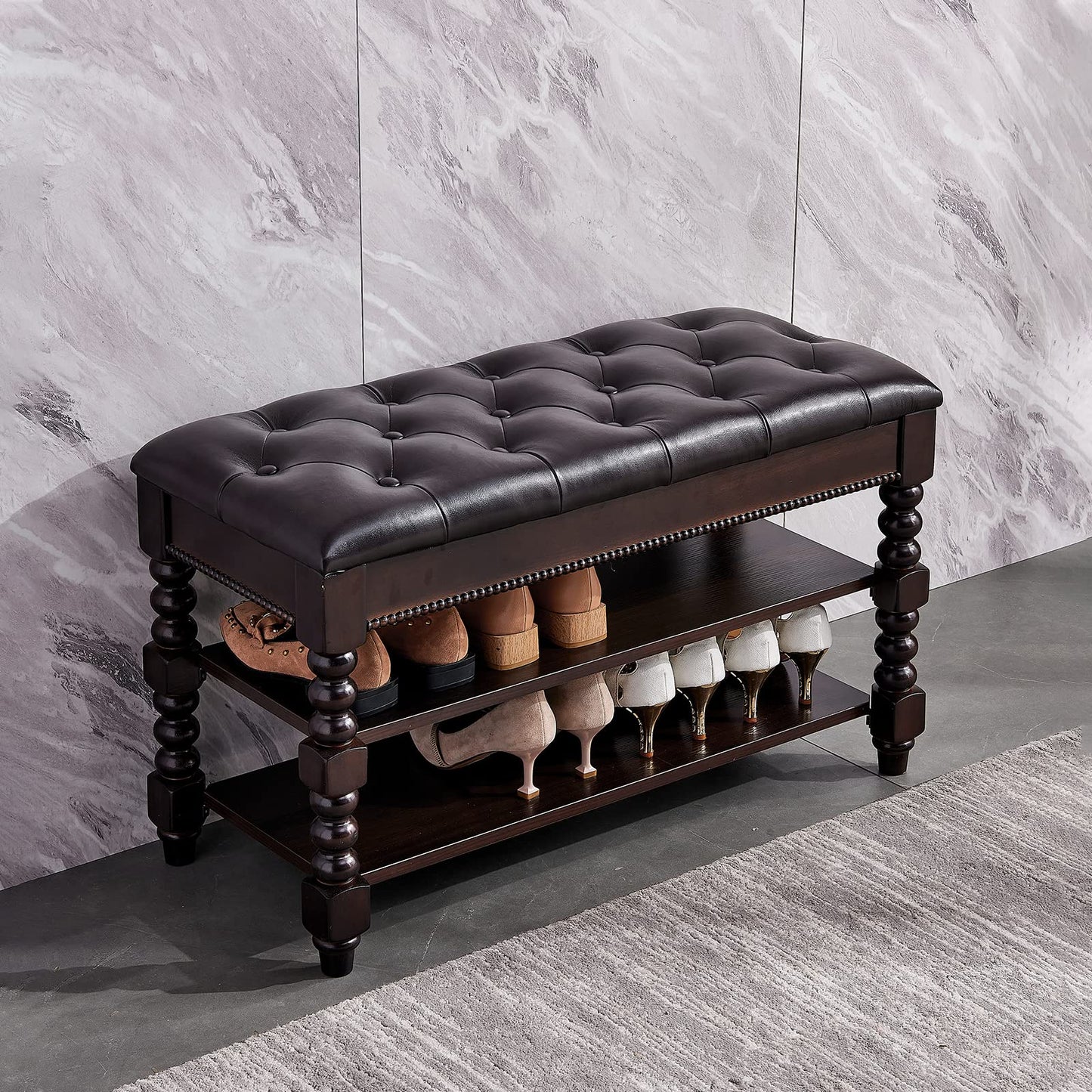 HOOTSMALL Shoe Storage Bench with Cushion, Entry Bench with Storage Solid Wood Shoe Bench Ideal for Entryway Living Room and Corridor (Walnut 31.5'')