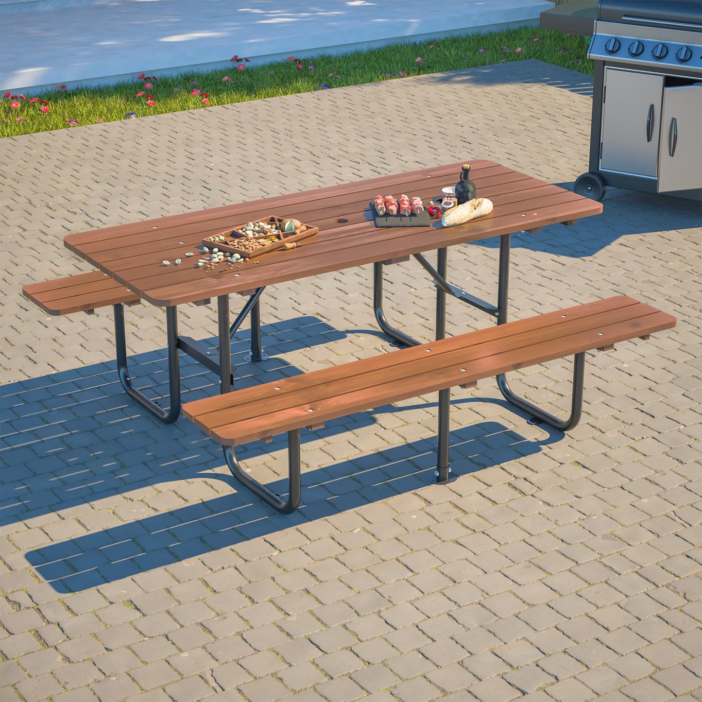 QUAWIP 72" Rectangular Outdoor Picnic Table - 6 Person Brown Wooden Dining Set with Built-in Benches, Ideal for Garden BBQ & Courtyards