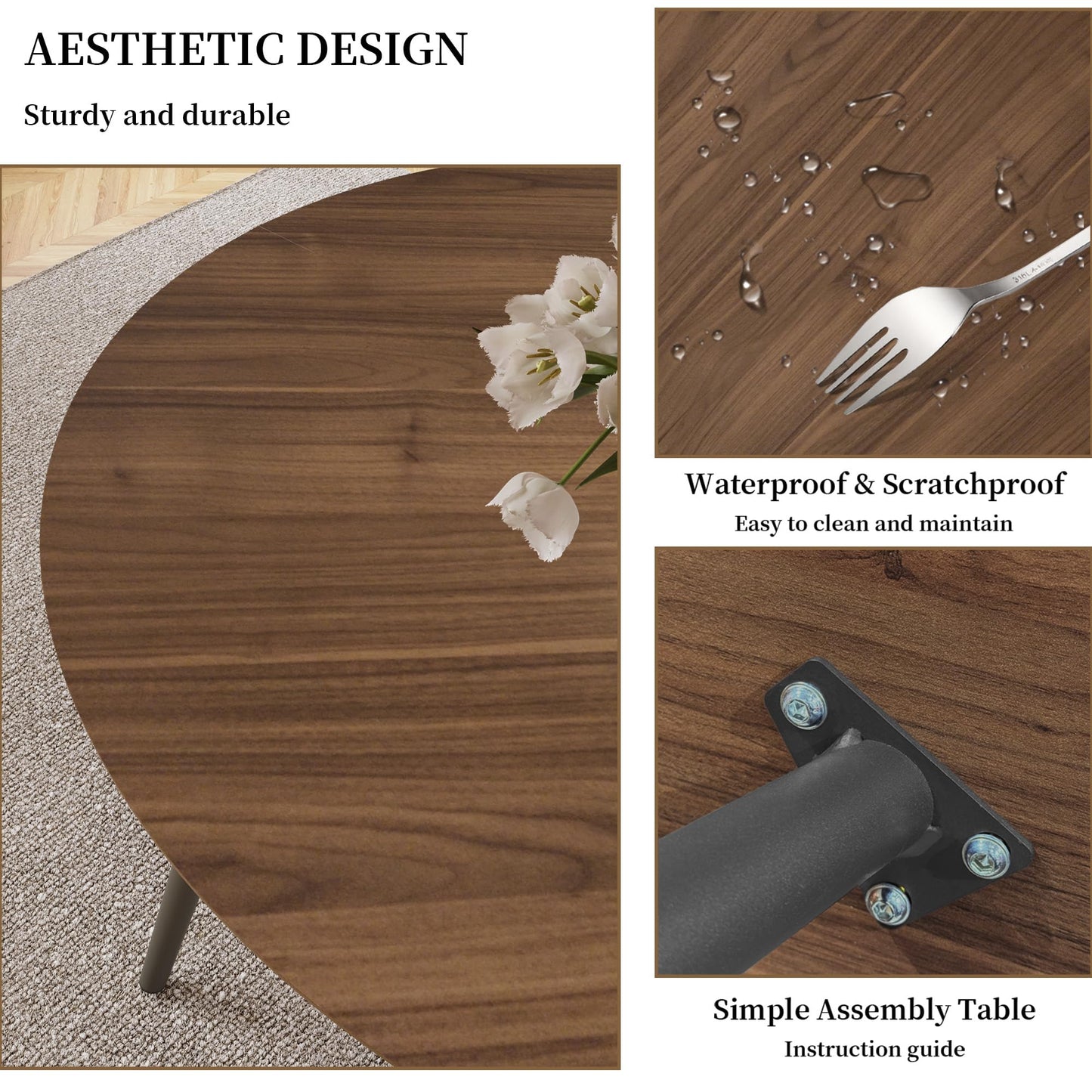 HIPIHOM 43.3 Inch Round Dining Table Set for 4, Modern Small Kitchen Coffee Set for Dining Room Kitchen Apartment (Walnut Table+4 U-Shaped Brown Chairs)