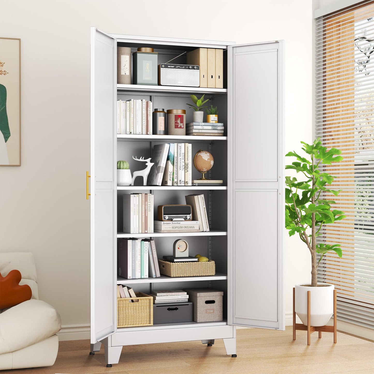 RISTERN White Metal Storage Cabinet,75" Steel Cabinets for Home Office, Kitchen Pantry Storage Cabinet with Doors and 5 Adjustable Shelves, Tool Cabinets, for Office, Home, Garage, School