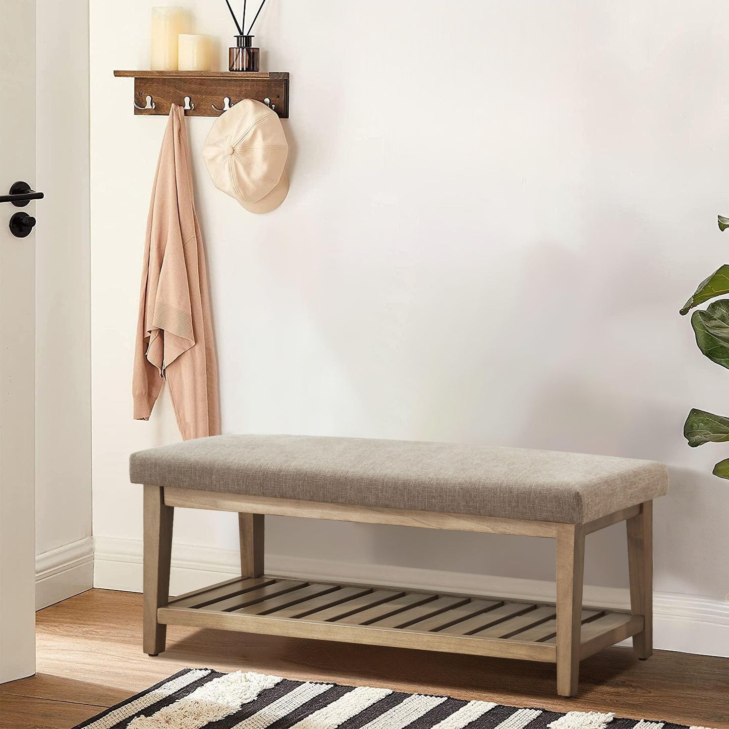 Zihanhome Entryway Shoe Bench with Cushion, End of Bed Bench,Upholstered Bench for Kitchen, Bench with Solid Wood Shelf, Fabric Ottoman Bench for Hallway, Living Room (Brown)
