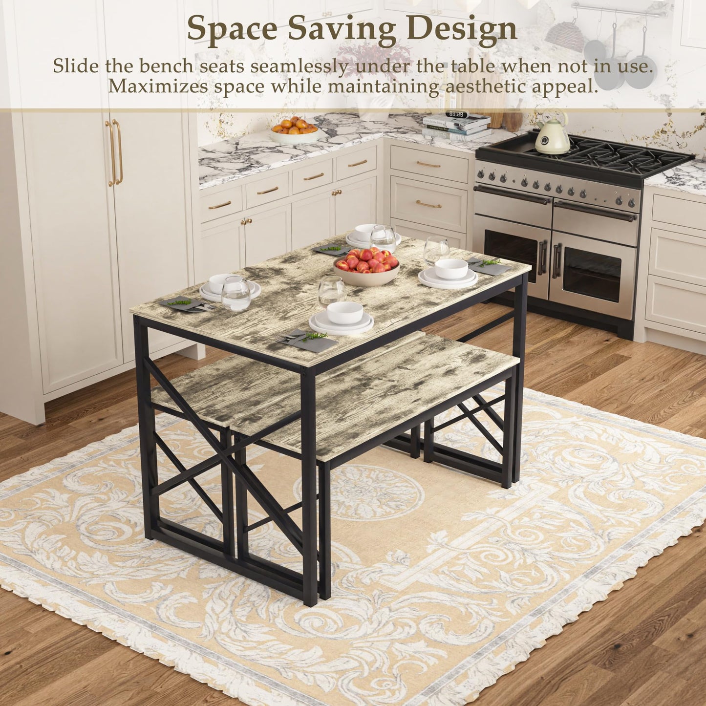 VECELO Kitchen Dining Table Set for 4, 43.3" Wood Rectangle Dinette with 2 Benches, Heavy-Duty Metal Frame for Small Space, Breakfast Nook, Grey