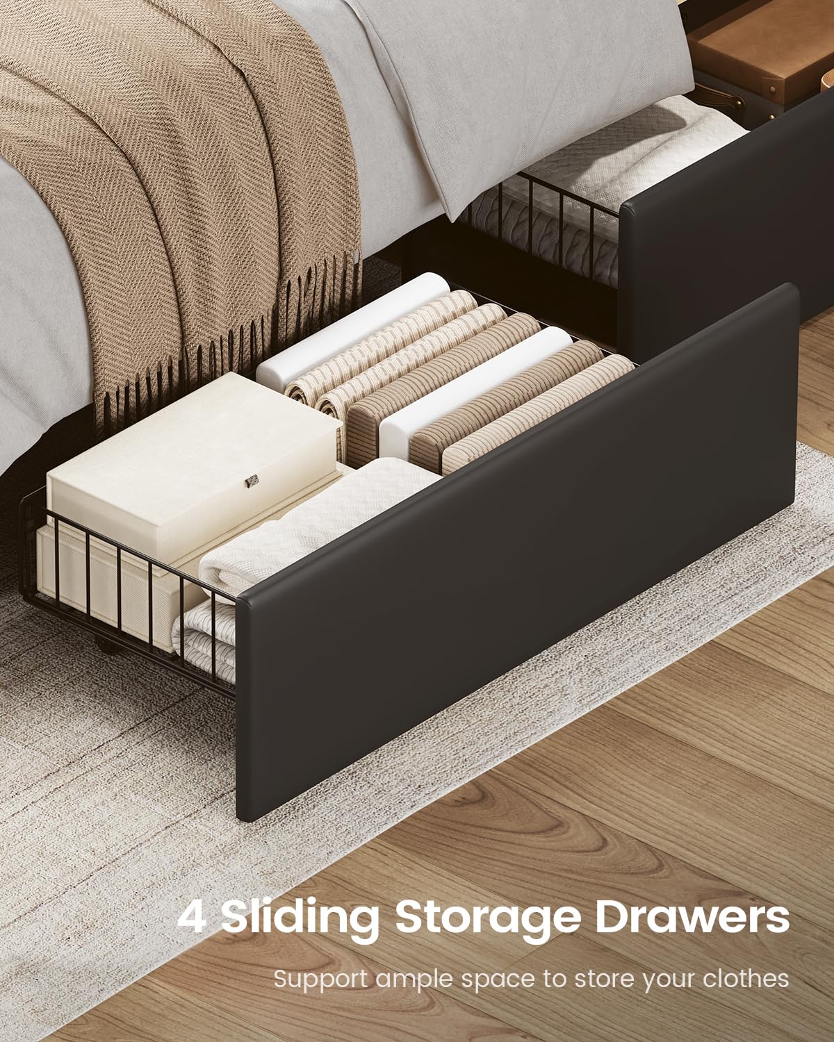 AOGLLATI Upholstered Queen Bed Frame with RemovableThick Backrest Headboard, Led Bed Frame Queen Size with 4 Storage Drawers and Charging Station, No Spring Box Needed, Black