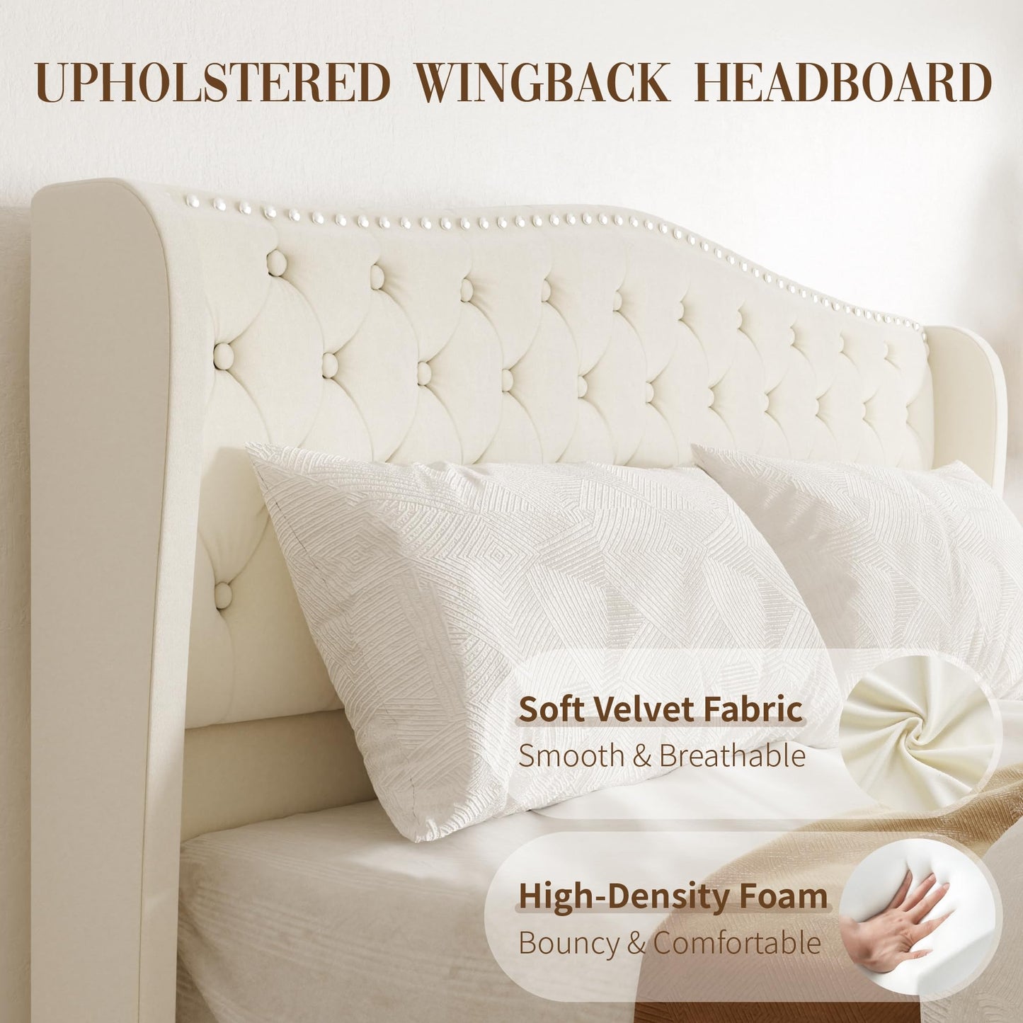 SwnftWinnt Queen Size Upholstered Bed Frame, Velvet Luxury Wingback Headboard, Platform Bed with Deep Button Tufted & Nailhead Trim, No Box Spring Needed, Noise Free, Easy Assembly, Beige