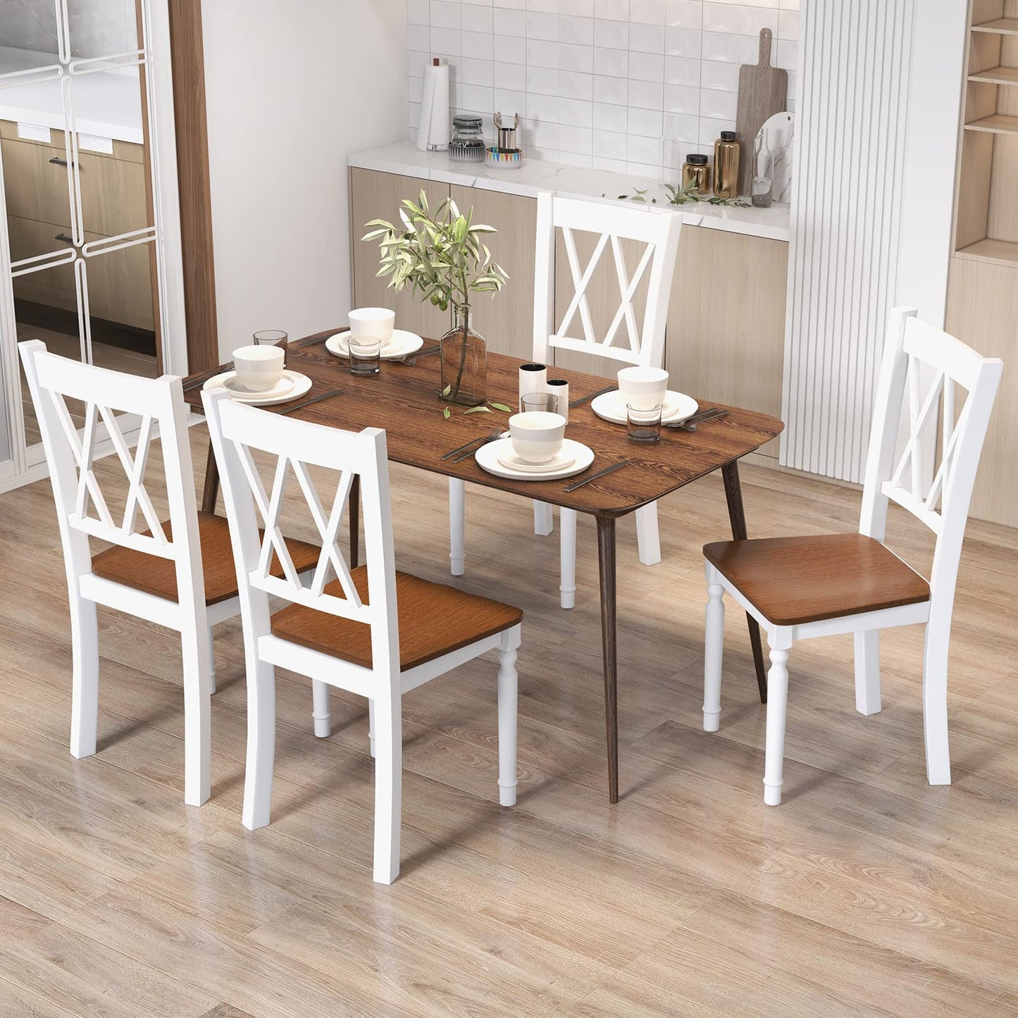 Giantex Dining Room Chairs Set of 2 White, Wooden Farmhouse Kitchen Chairs with Rubber Wood Seat, Acacia Wood Legs, Max Load 360 Lbs, Heavy Duty Wood Armless Dining Chairs with High Back