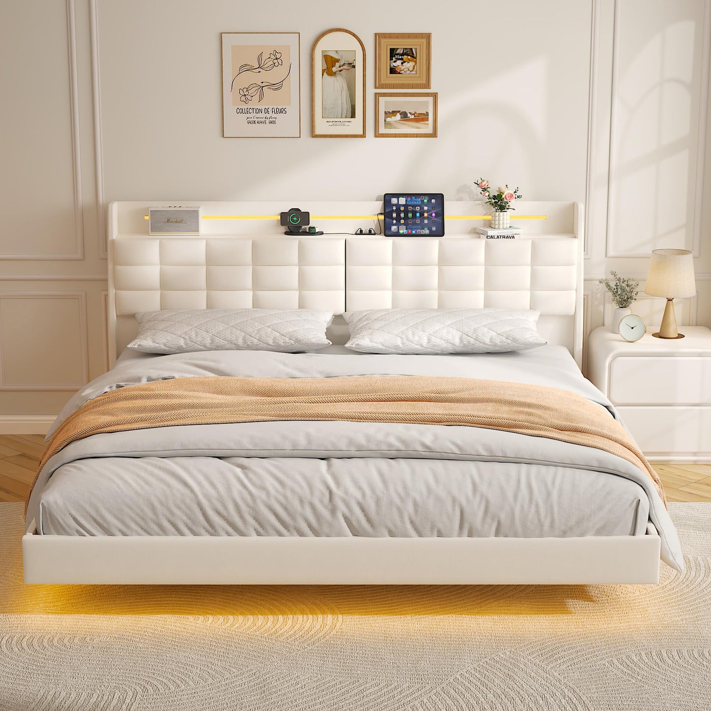 FSTAR King Size Floating Bed Frame with Storage Headboard & LED Lights, Velvet Upholstered Platform Bedframe with Charging Station, Wooden Slats Supports, No Box Springs Needed, Beige