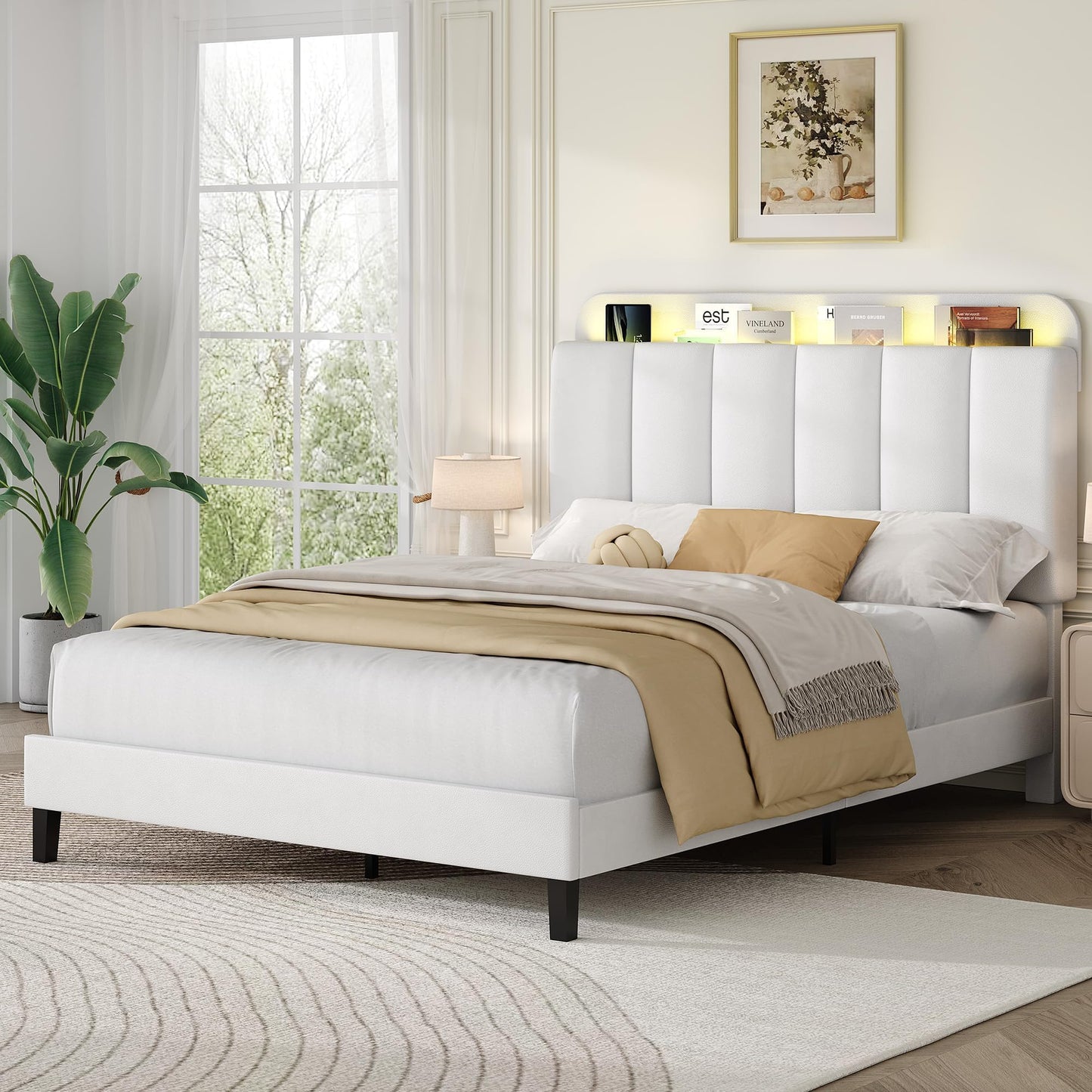 Queen Bed Frame with Storage, PU Upholstered Platform Bed with LED Lights Headboard, Noise-Free, Easy Assembly, No Box Spring Needed, White