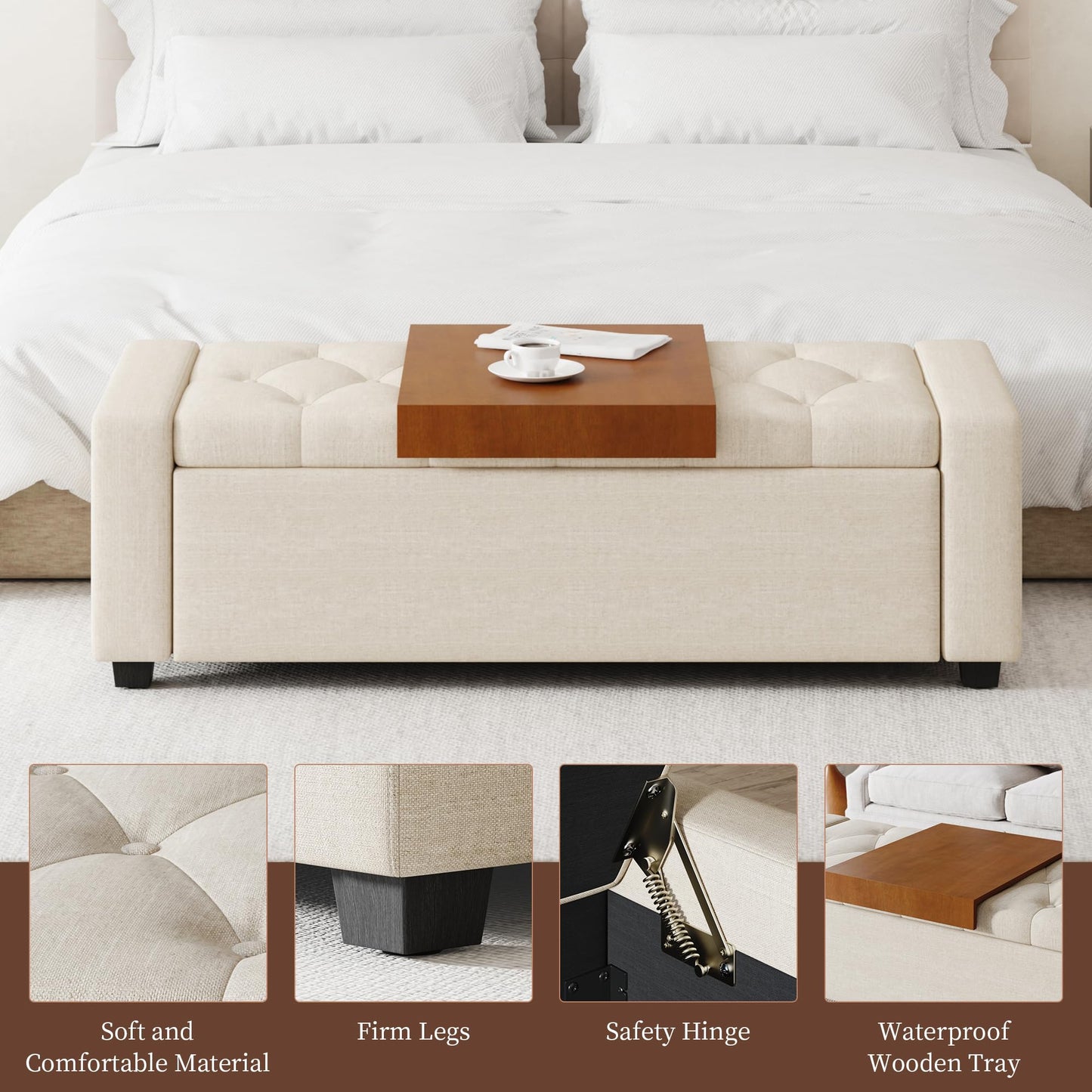 Atrtivoent 47" Ottoman Bench, Living Room Storage Bench with Removable Tray, Upholstered Entryway Bench, Ottoman Bench Seat with Storage for Living Room Bedroom (Beige1, with Tray)