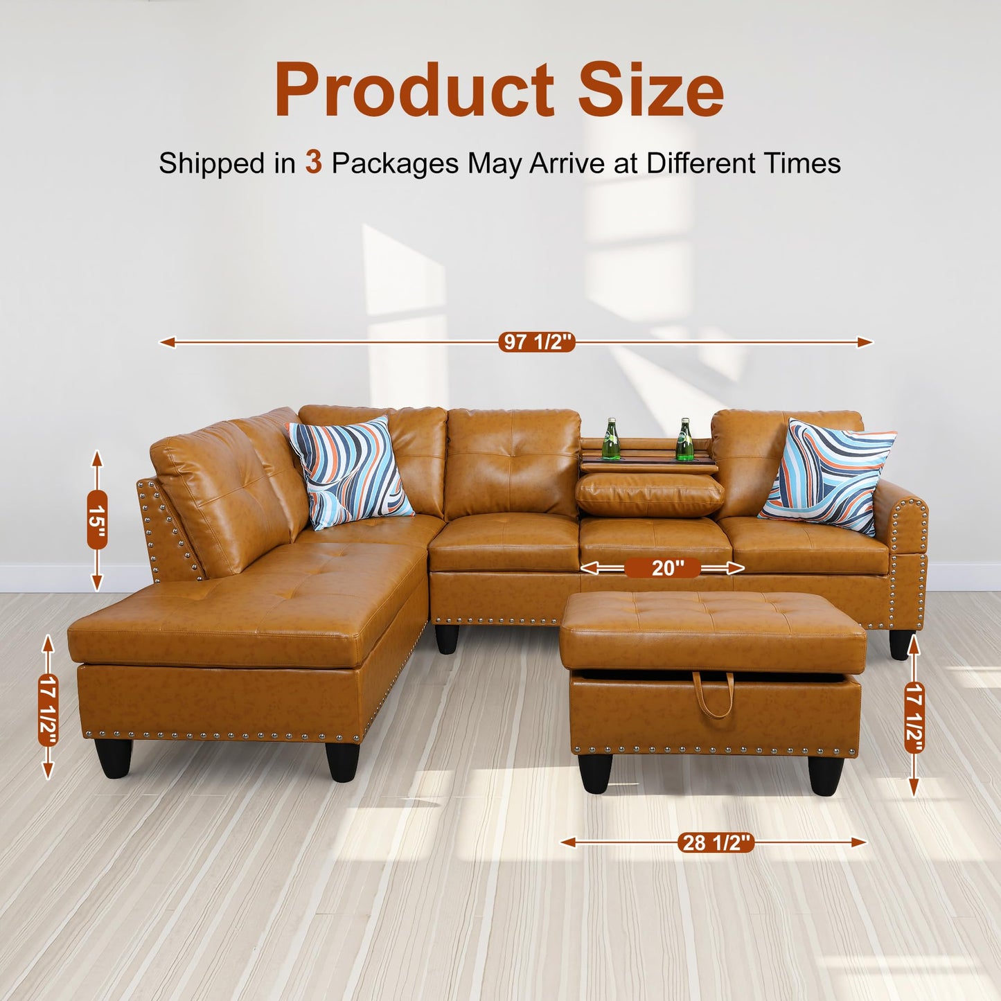 Osparple Sectional Couch L Shaped Couch for Living Room 3 Pieces Semi PU Synthetic Leather Modular Sectional Sofa Set with Chaise, Ottoman with Storage for Small Apartment, Ginger