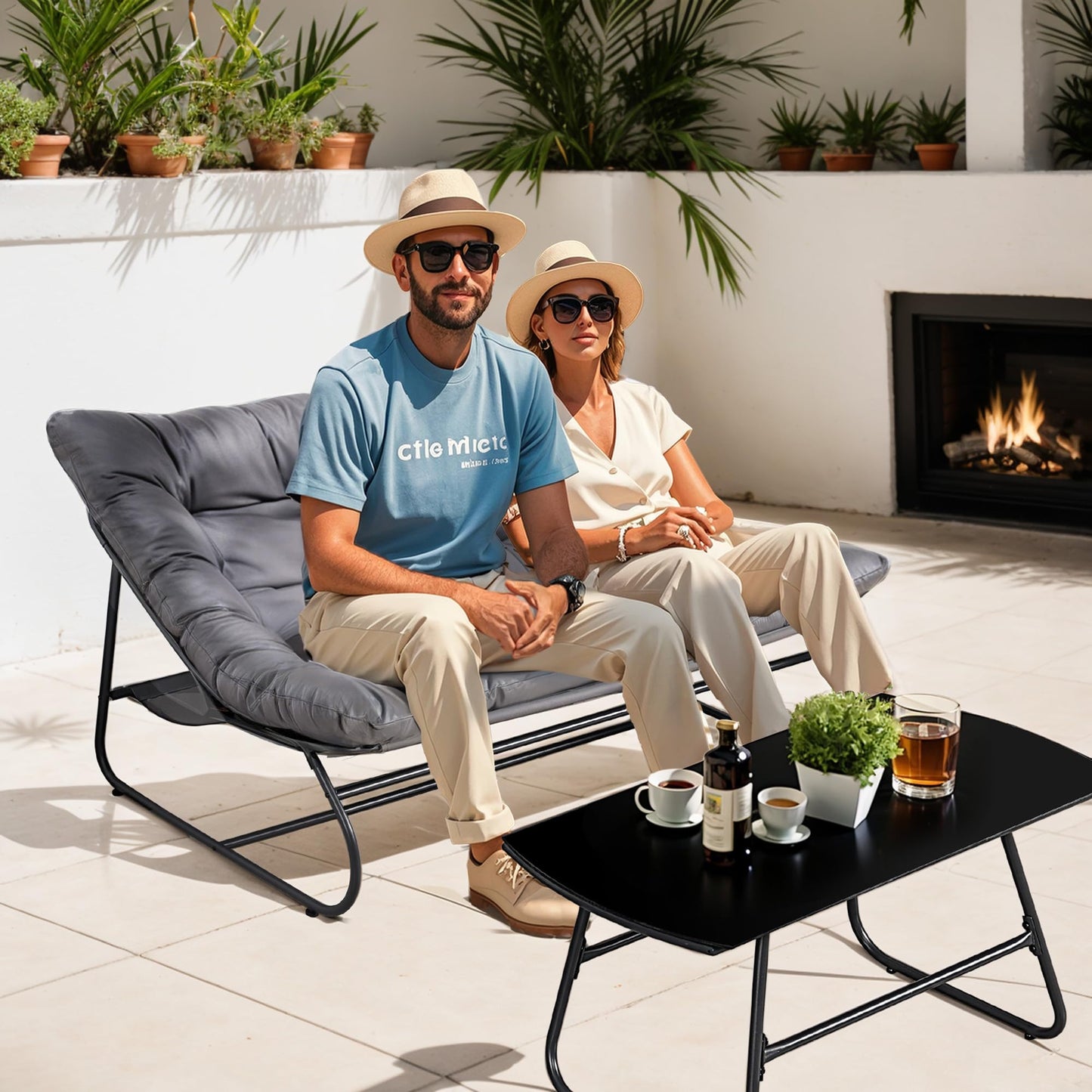 Patio Loveseat with Coffee Table, 2 Seater Oversized Outdoor Couch with Soft Cushion, 2 Pieces Patio Furniture Set, Outdoor Indoor Loveseat with Metal Frame for Porch, Garden, Living Room, Balcony