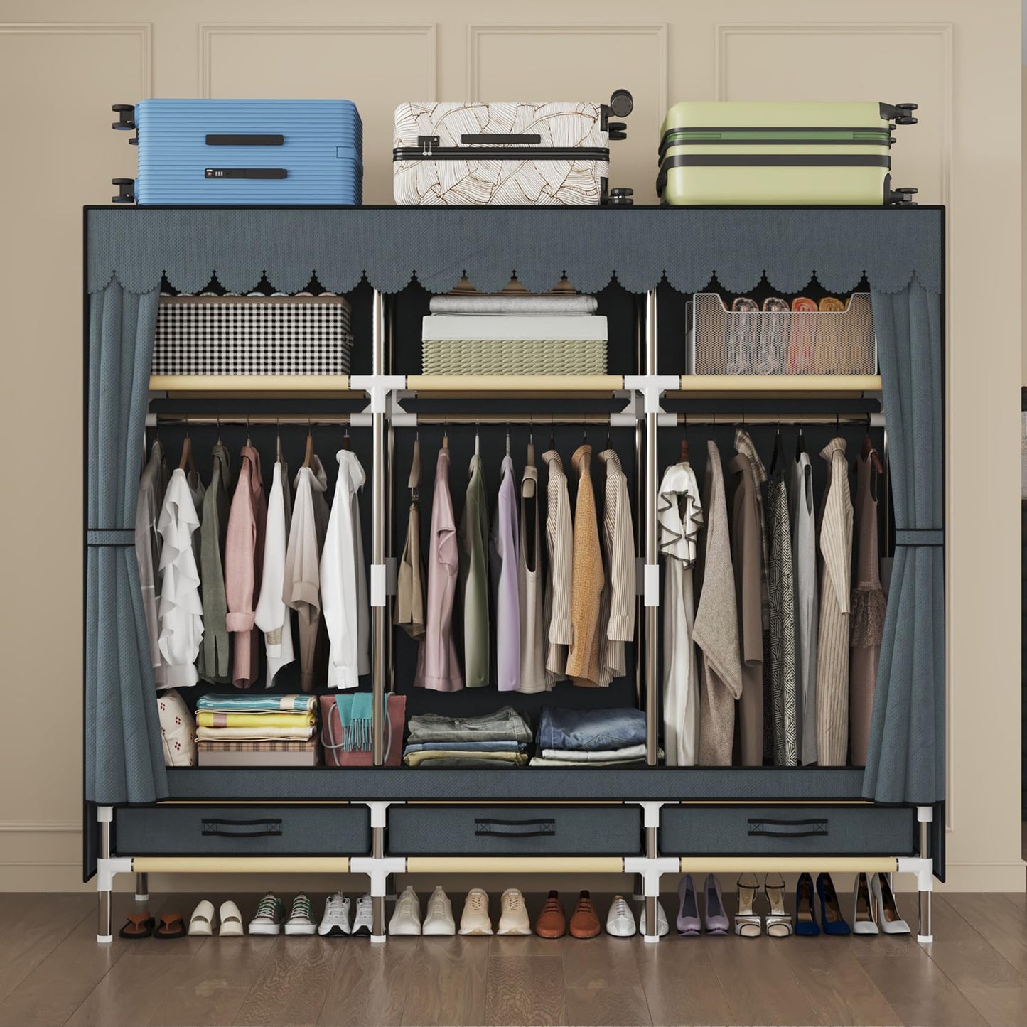 LEAIJIAFY Portable Wardrobe, Freestanding Closet Hanging Organization, Metal Frame with Gray Fabric Cover, 3 Storage Compartments, 3 Hanging Rods, 3 Drawers.