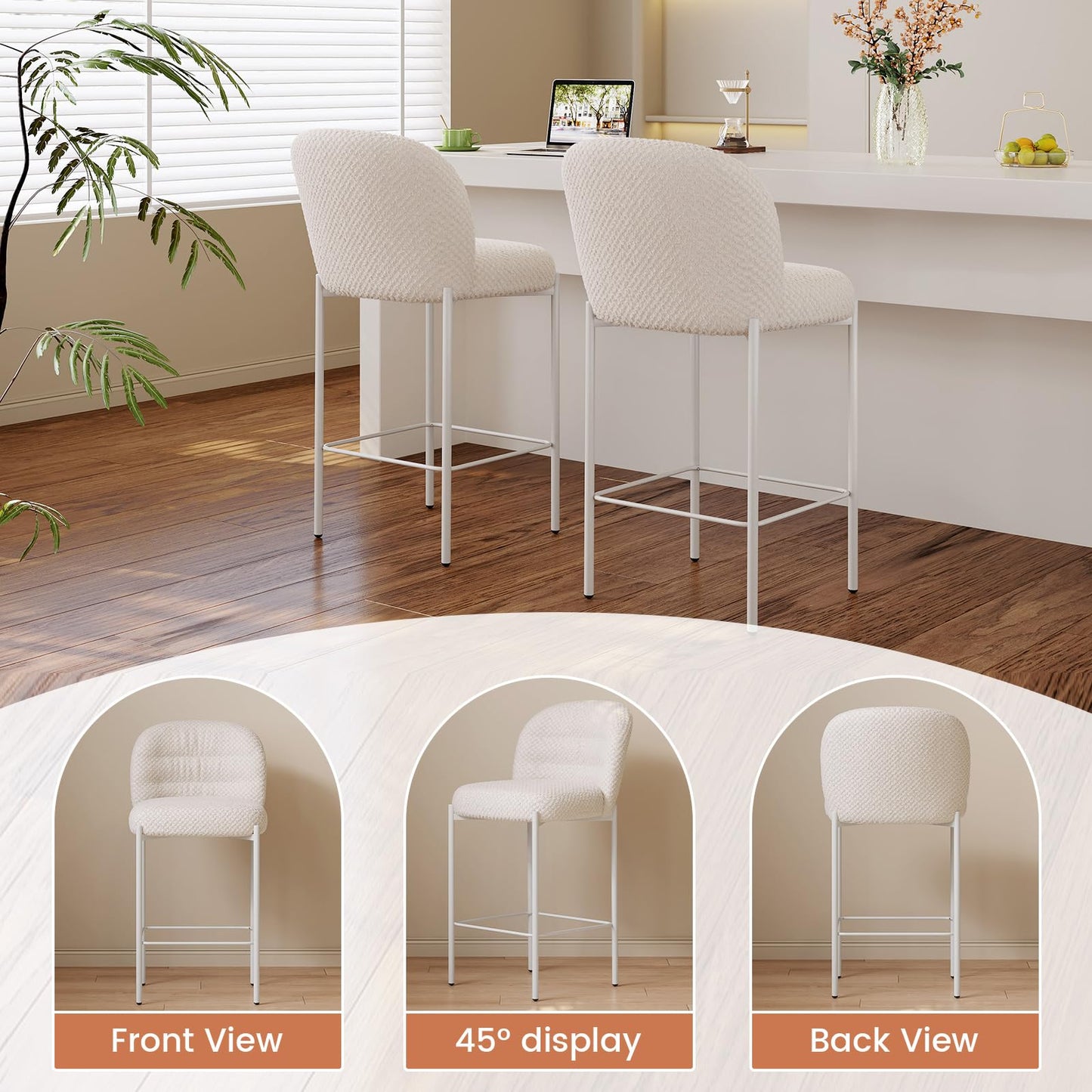 Guyii Beige Counter Height Bar Stools Set of 2,Velvet Fbric BarStools with Back,Counter High Chairs with Metal Legs,2 Pieces Bar Stool Set for Kitchen Island Bar
