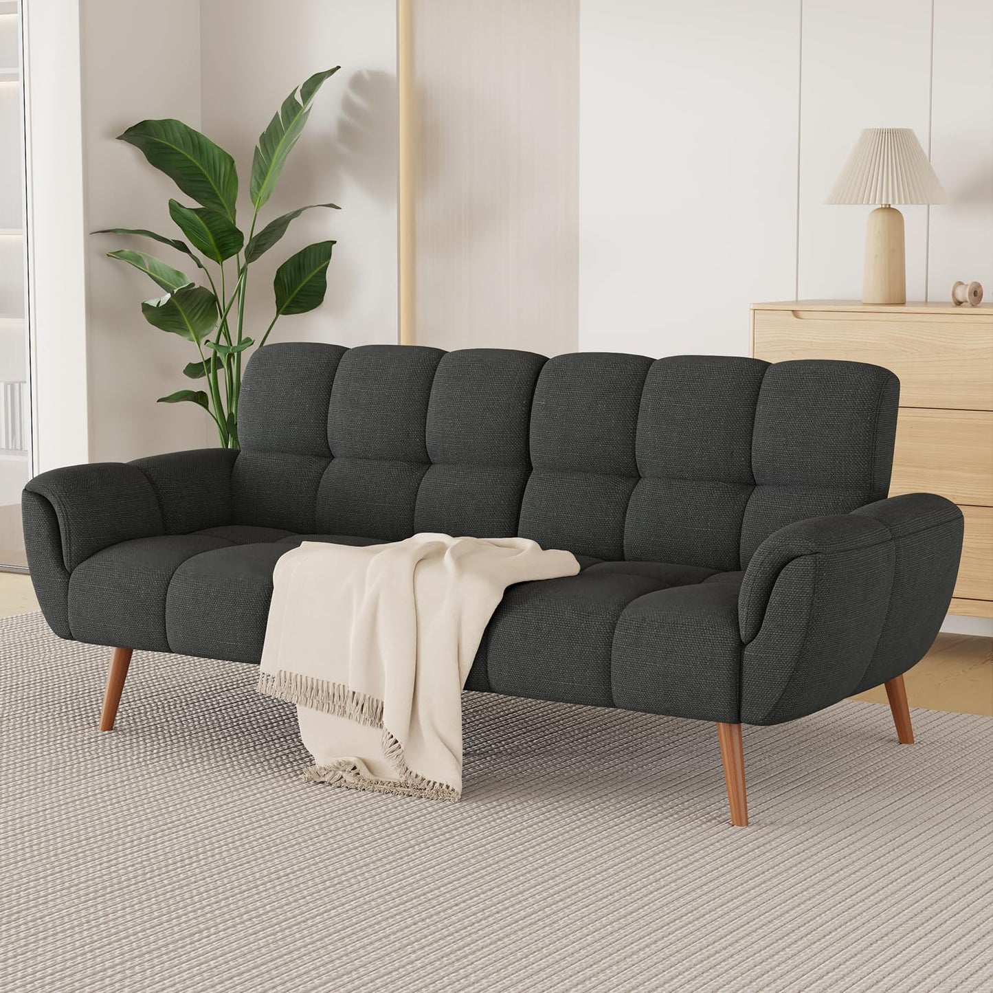 saows Futon Sofa Bed, Convertible 77" Modern Linen Futon Couch, Comfy Sleeper Sofa with Adjustable Backrests, Couch Bed for Small Spaces, Living Room, Bedroom, Apartment, Dark Gray