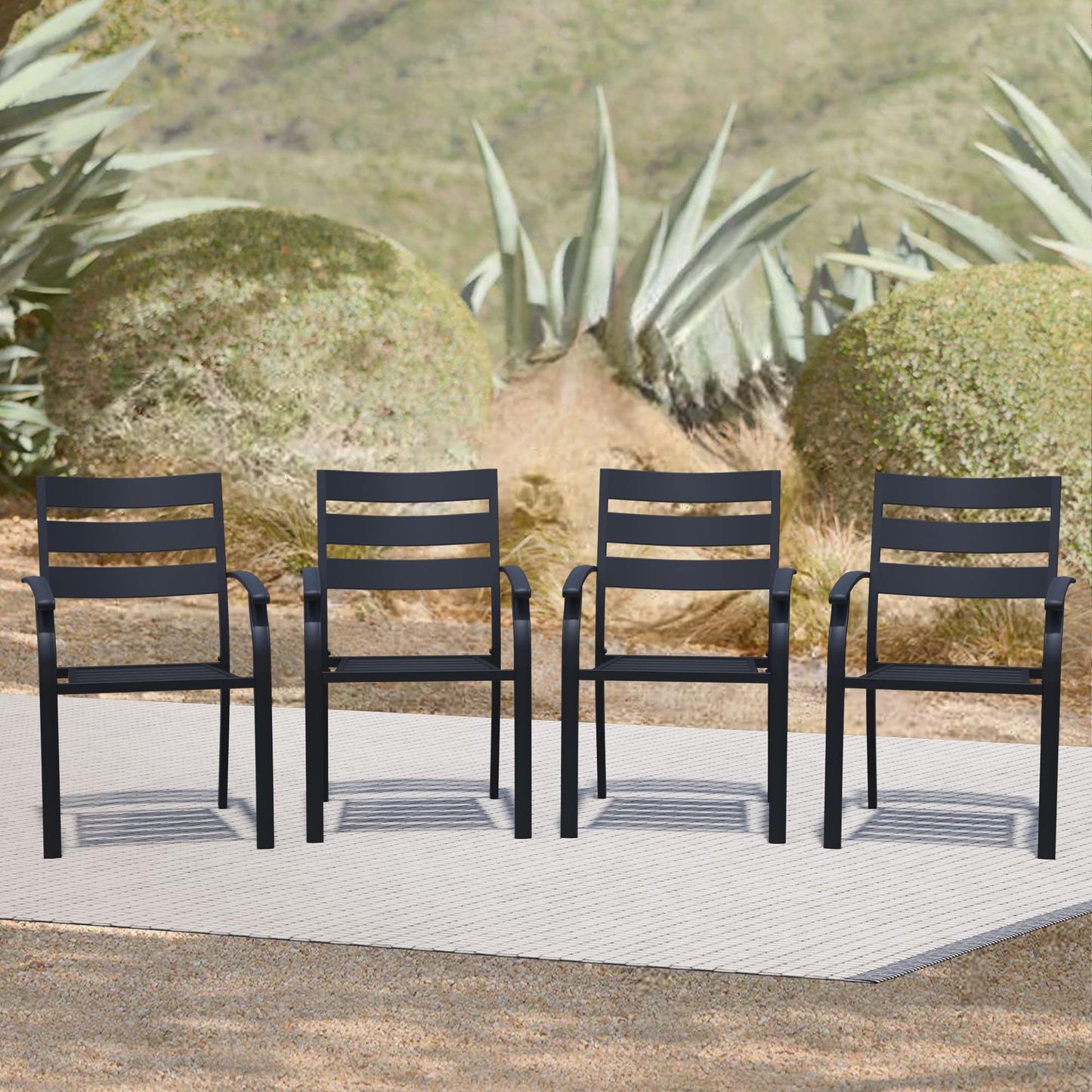 Puntogen Metal Patio Chairs Set of 4, Stackable All-Weather Outdoor Metal Chair, Wrought Iron Patio Chairs with Armrest, Outdoor Dining Chairs for Garden, Poolside, Backyard, Black