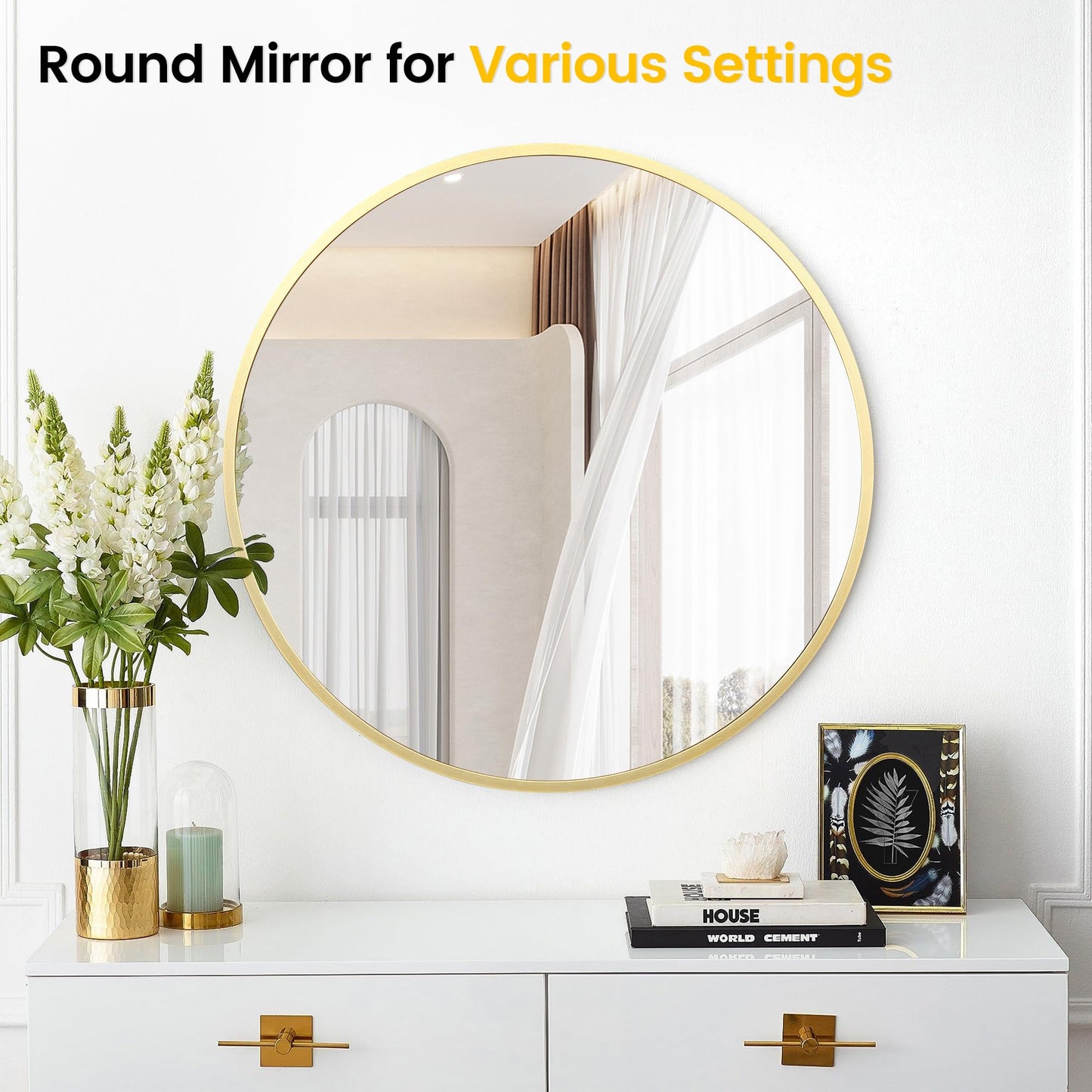GarveeHome Large Round Mirror for Wall, 36 Inch Large Aluminum Alloy Frame Circle Mirror, High Definition Eco-Friendly Gold Round Bathroom Mirror for Over Sink, Wall Mirror for Entryway, Bathroom