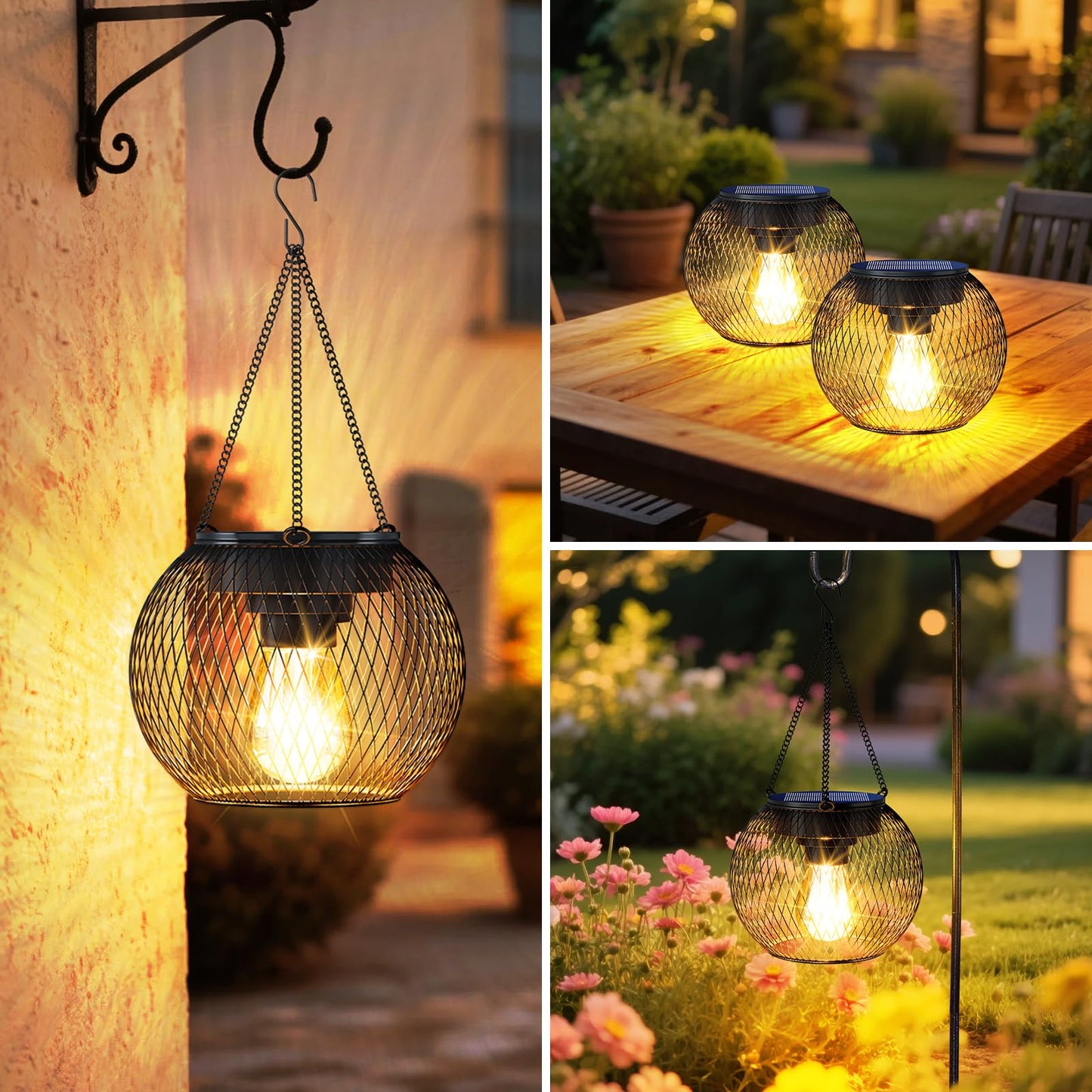 TANCUZO Solar Lanterns Outdoor Waterproof 4 Pack, Upgraded Metal Solar Hanging Lights with Hooks & Auto On/Off, Brighter Warm Outdoor Hanging Lantern Lighting for Porch Garden Yard Pathway Decor