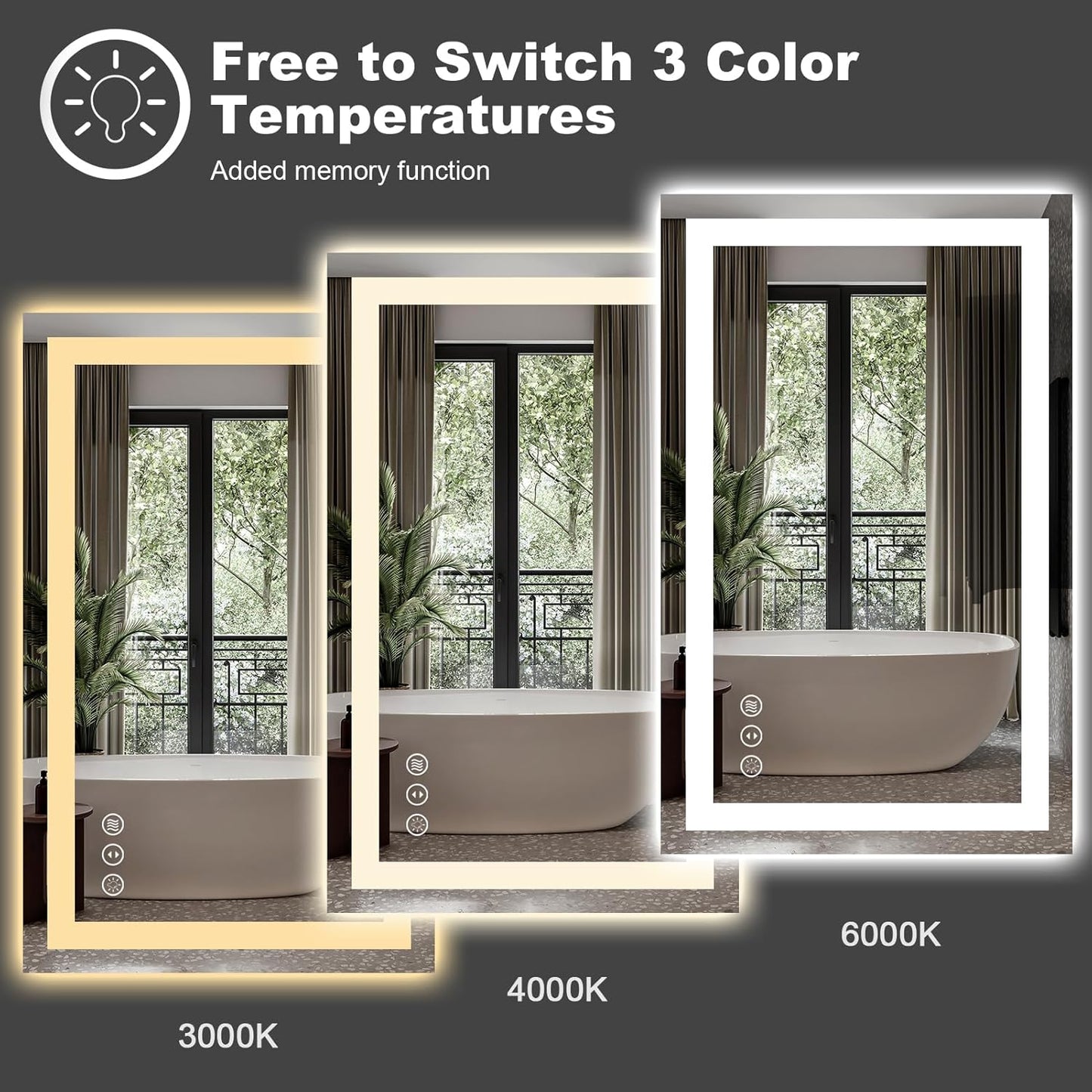 Amorho LED Bathroom Mirror 60'' X36'' with Front and Backlight, Large Dimmable Wall Mirrors with Anti-Fog, Shatter-Proof, Memory, 3 Colors, Double LED Vanity Mirror