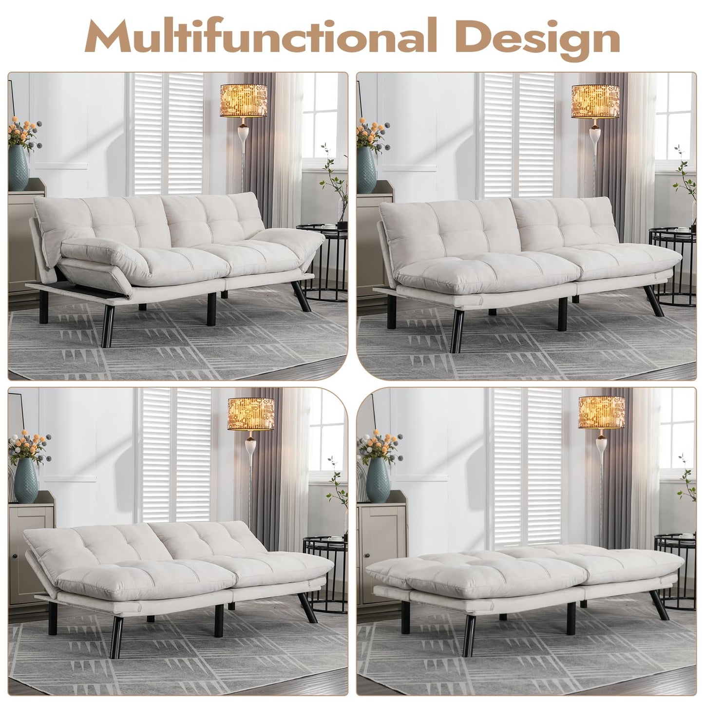 Comfortable Futon Sofa Bed, Memory Foam Loveseat, Convertible Adjustable Sofa Bed CouchSuitable for Office, Home, and Bedroom (White)
