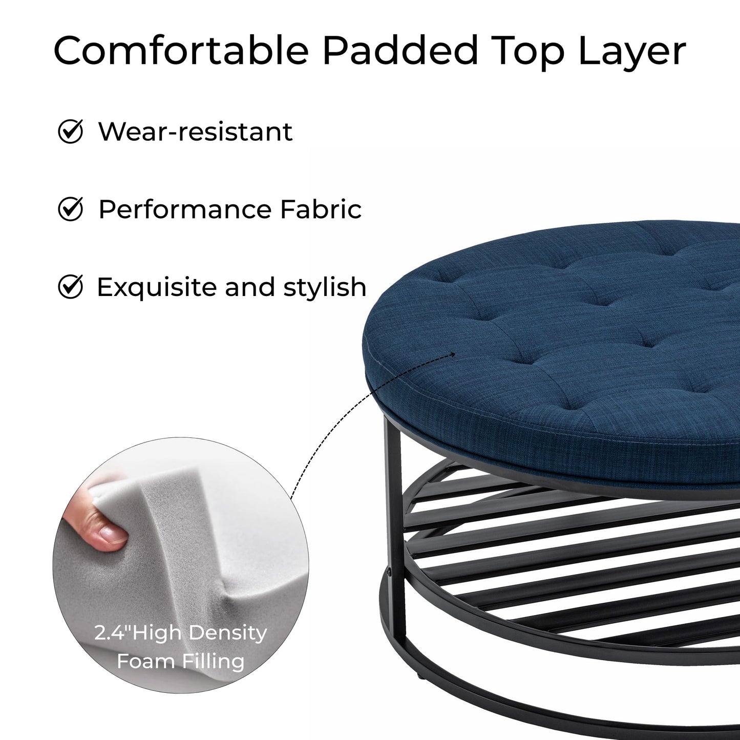 BARNUT Ottoman Coffee Tables, 36" Round Upholstered Tufted Linen Coffee Table with Metal Shelf for Living Room, Performance Fabric in Navy