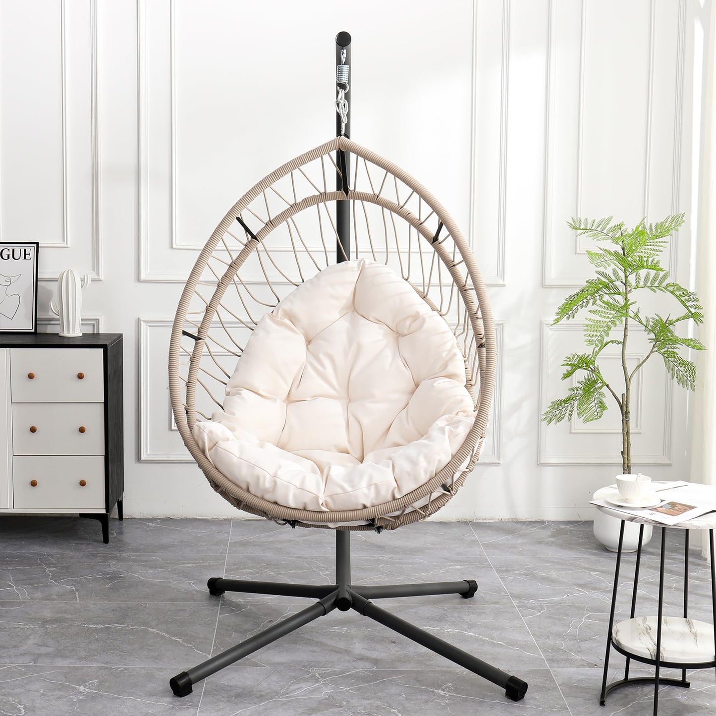 Hanging Egg Chair with Stand, Foldable Patio Hammock Egg Swing Chair Made by All-Weather Core-Spun Polyester Rope with Soft Cushion for Bedroom Garden Indoor Outdoor, 350Lbs Cap. (Beige)