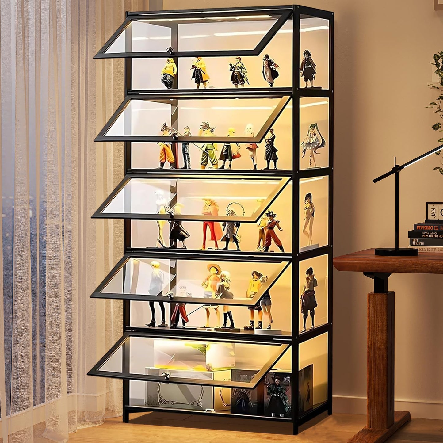 QOEUDD Curio Display Cabinet with Acrylic Glass Door, 5-Tier Display Case, Curio Cabinet & Bookcase for Collectibles, Display Shelf for Home, Reading Nook, Playroom, Living Room