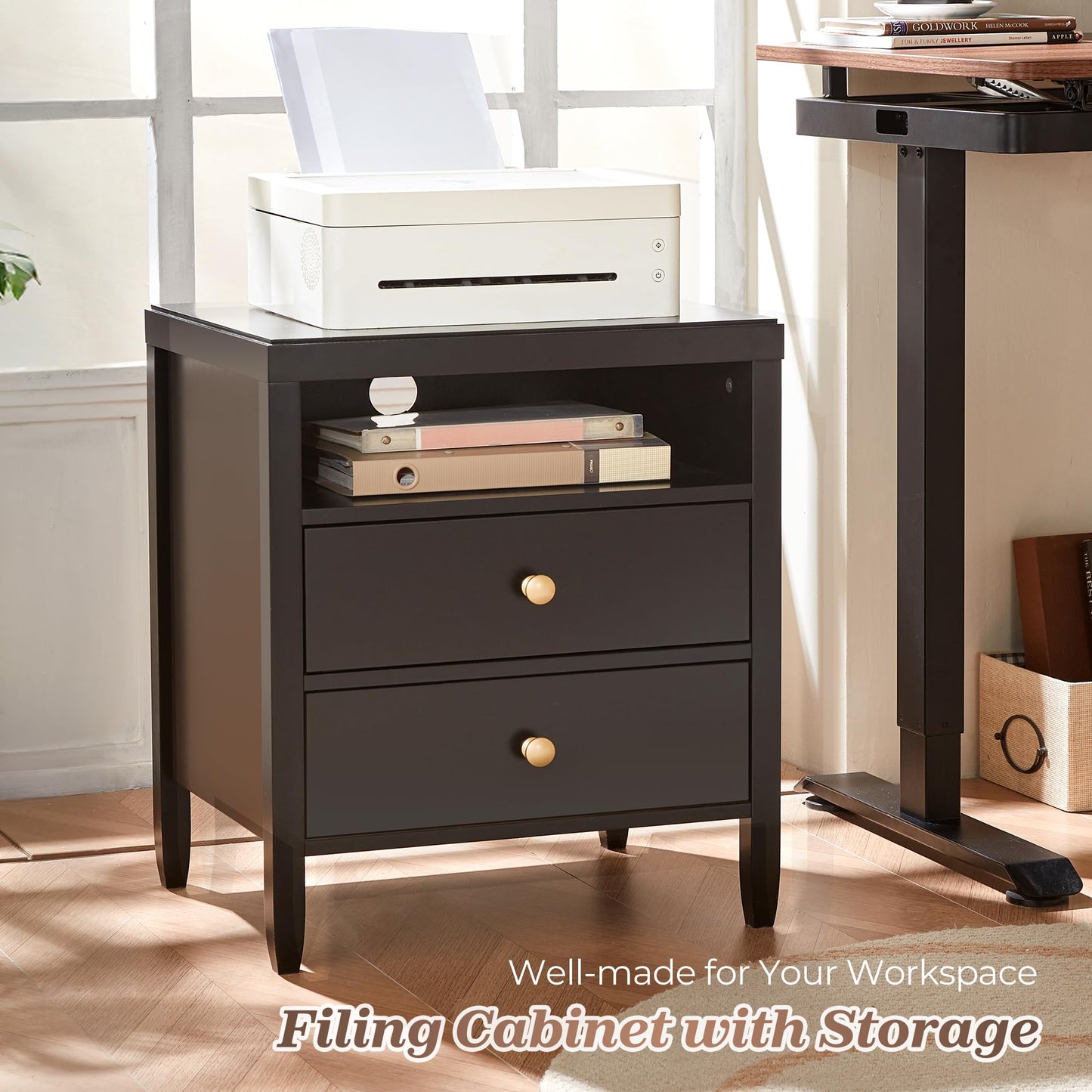 Huuger Black Nightstand with 2 Drawers, Bed Side Table for Bedroom, Modern Night Stand, Bedside Table with Storage, Metal Knobs, Painted Surface