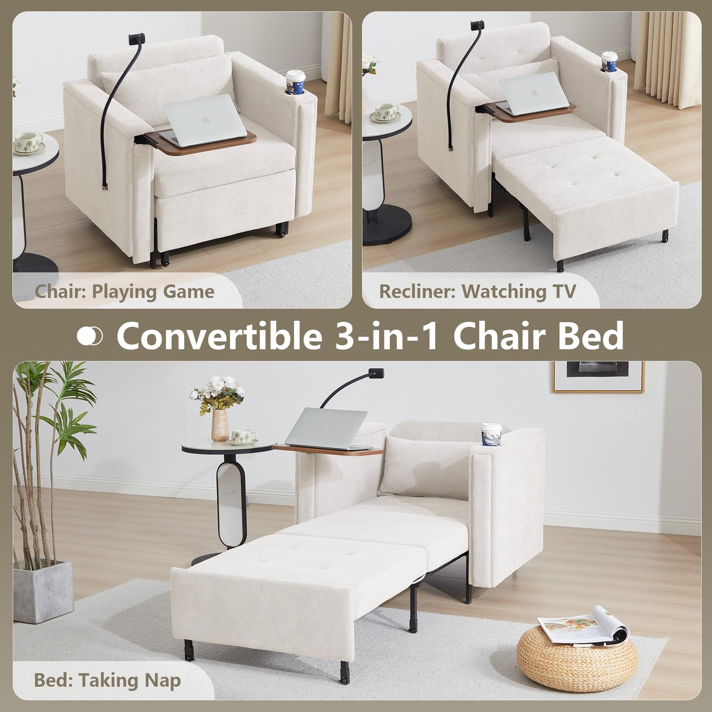 LEVNARY 3-in-1 Convertible Sleeper Chair Pull Out Bed, Single Sofa Chair Sleeper for Adults with Hidden Side Table, Modern Chenille Fabric Armchair for Bedroom Dorm Home Office (Beige)