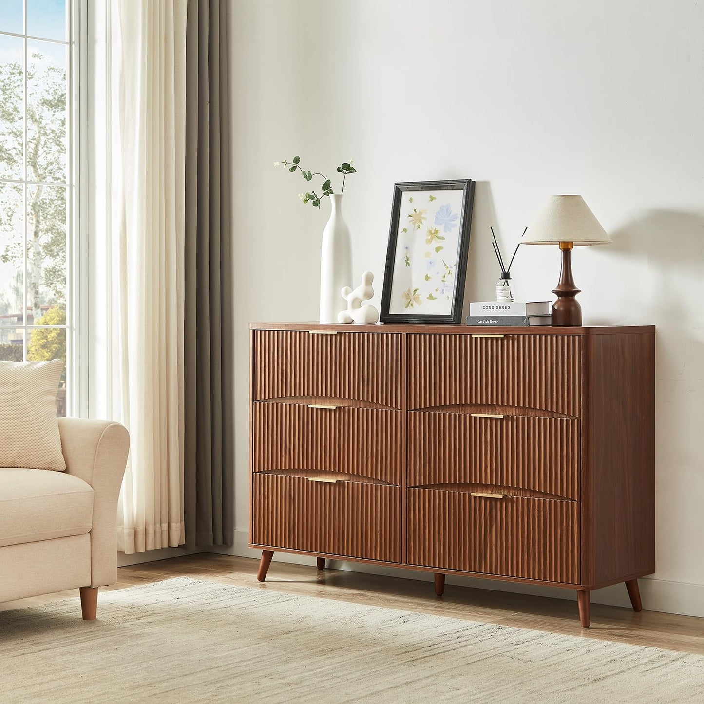 Evermagin 55" Wide Fluted 6 Drawer Dresser, Mid Century Modern Curved Dresser, Light Wood Chest of Drawers for Bedroom, Living Room and Entryway, Walnut