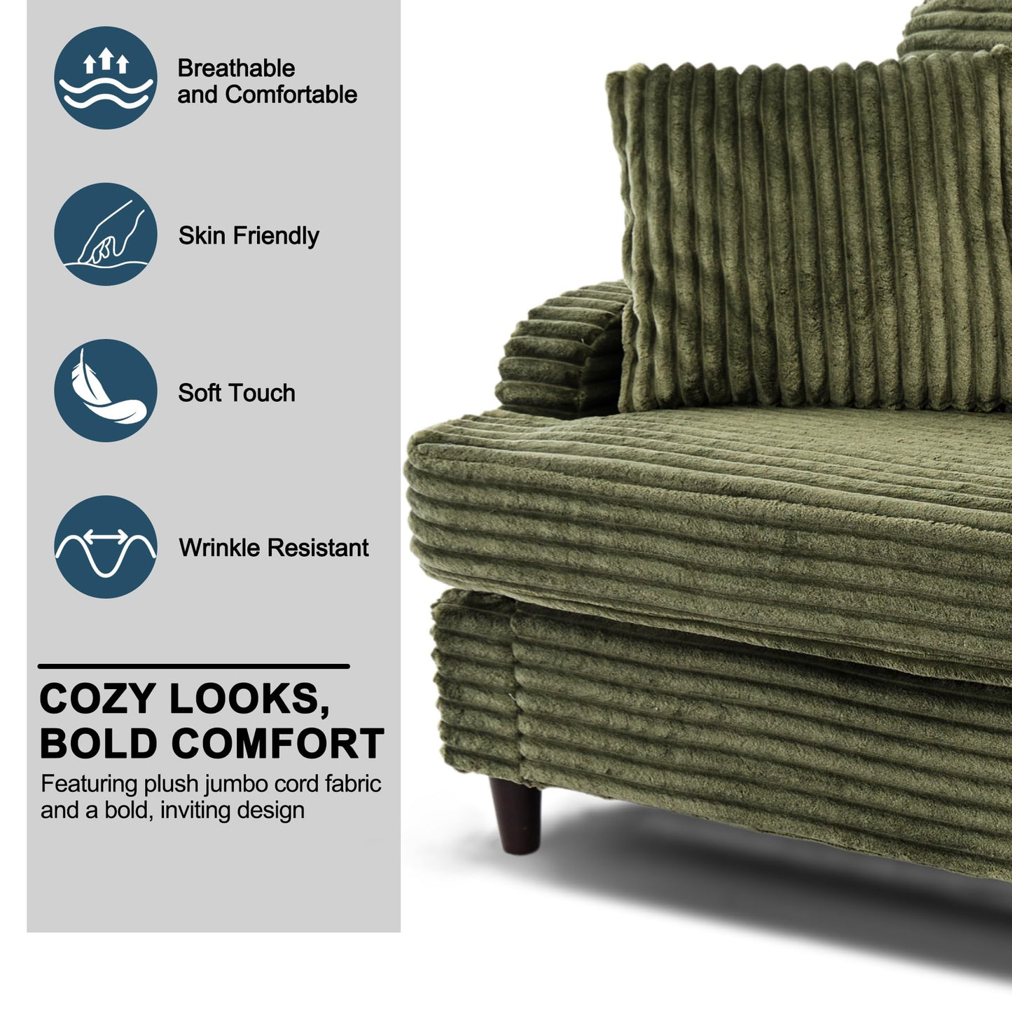 Ribilake 80 Inch Sofa Couch, Comfy Love Seat Couches for Living Room, Mid Century Modern Oversized Two Seater Couch, Plush Corduroy Deep Seat Sofas for Bedroom, Small Space Apartment, Green