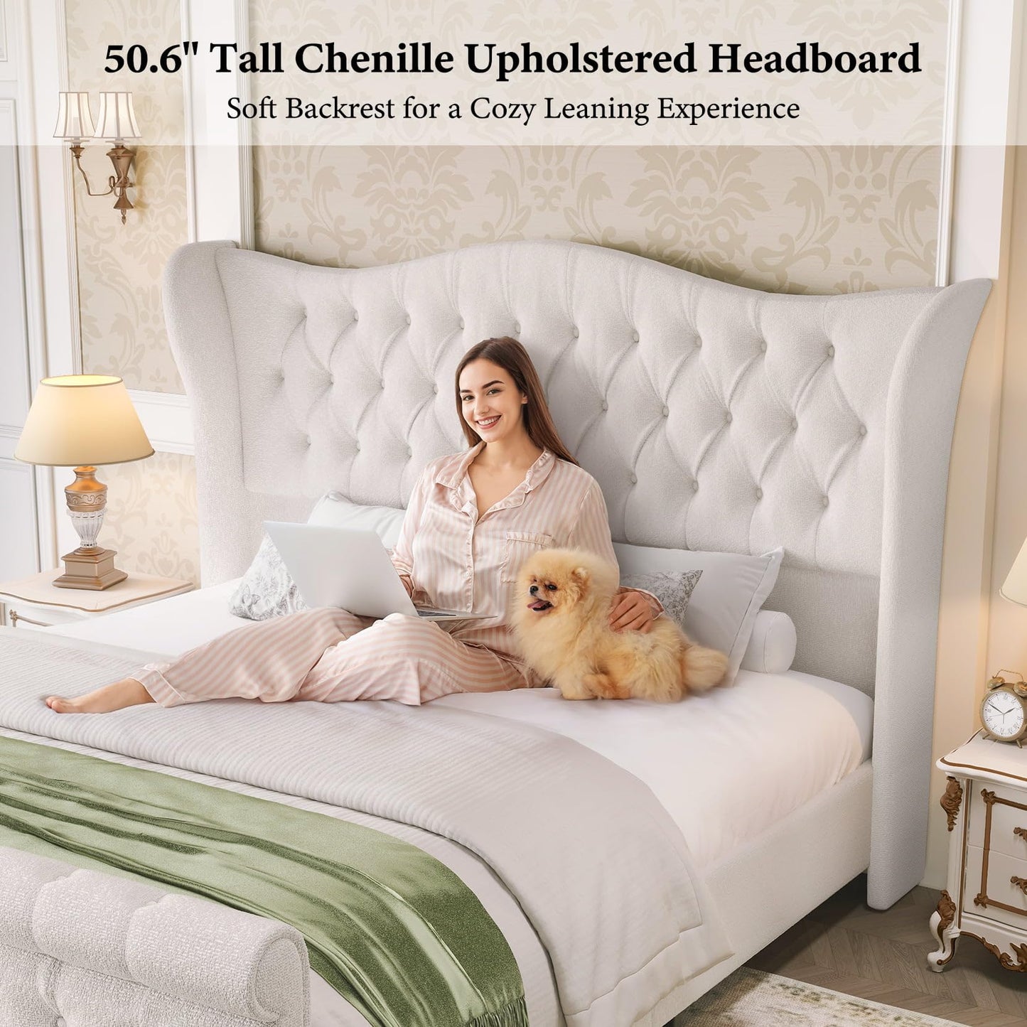 Queen Size Bed Frame Chenille Upholstered Platform Sleigh Bed with 51" Scroll Wingback Tall Headboard & Footboard/Deep Button Tufted/Easily Assemble/Wood Slats Support/No Box Spring Required/Cream
