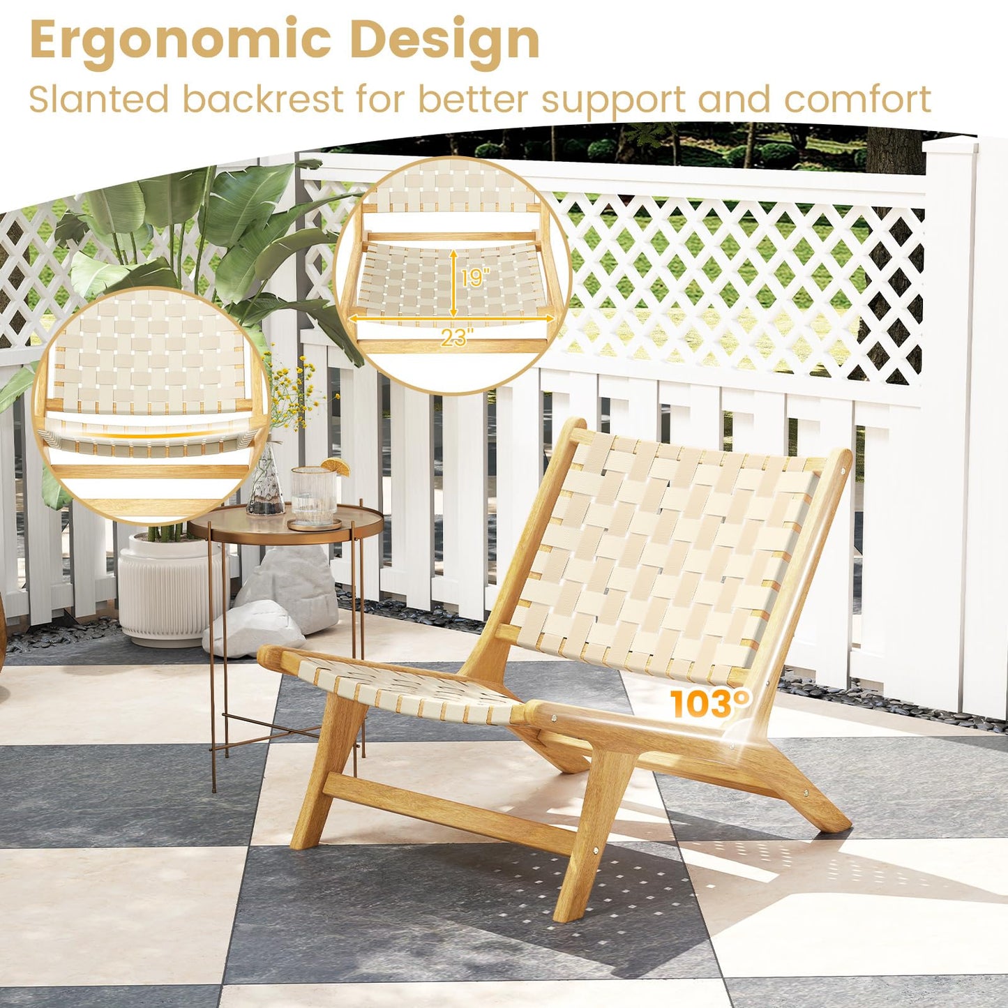 Tangkula Teak Wood Patio Dining Chair, Outdoor Wooden Mid-Century Accent Armless Chair w/Webbing Seat & Backrest, for Living Room, Balcony, Porch, Backyard, Lawn, Poolside, Garden, Deck (Natrual,2)