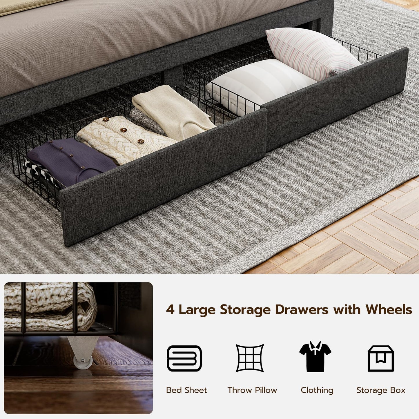 AOVSA King Bed Frame with 4 Drawers, Hidden Storage Headboard with LED Lights and Charging Station, Upholstered Tufted Platform Bed Frame King Size, Noise Free, No Box Spring Needed, Dark Grey