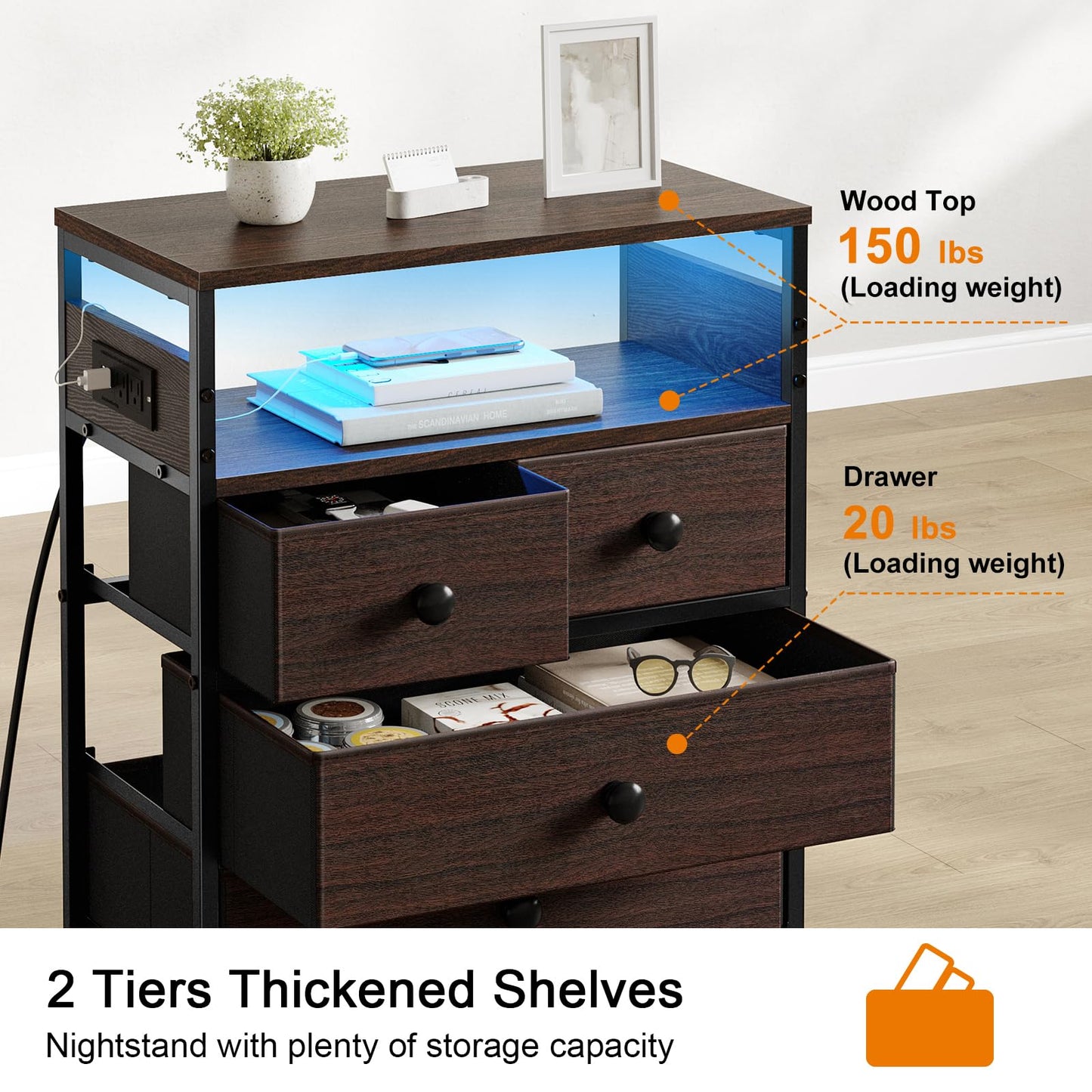 REAHOME Nightstand with Charging Station, Bedside Table with 4 Drawers and 2-Tier Shelf, Modern End Table with Wooden Top for Bedroom, Living Room, Hallway-Rustic Brown