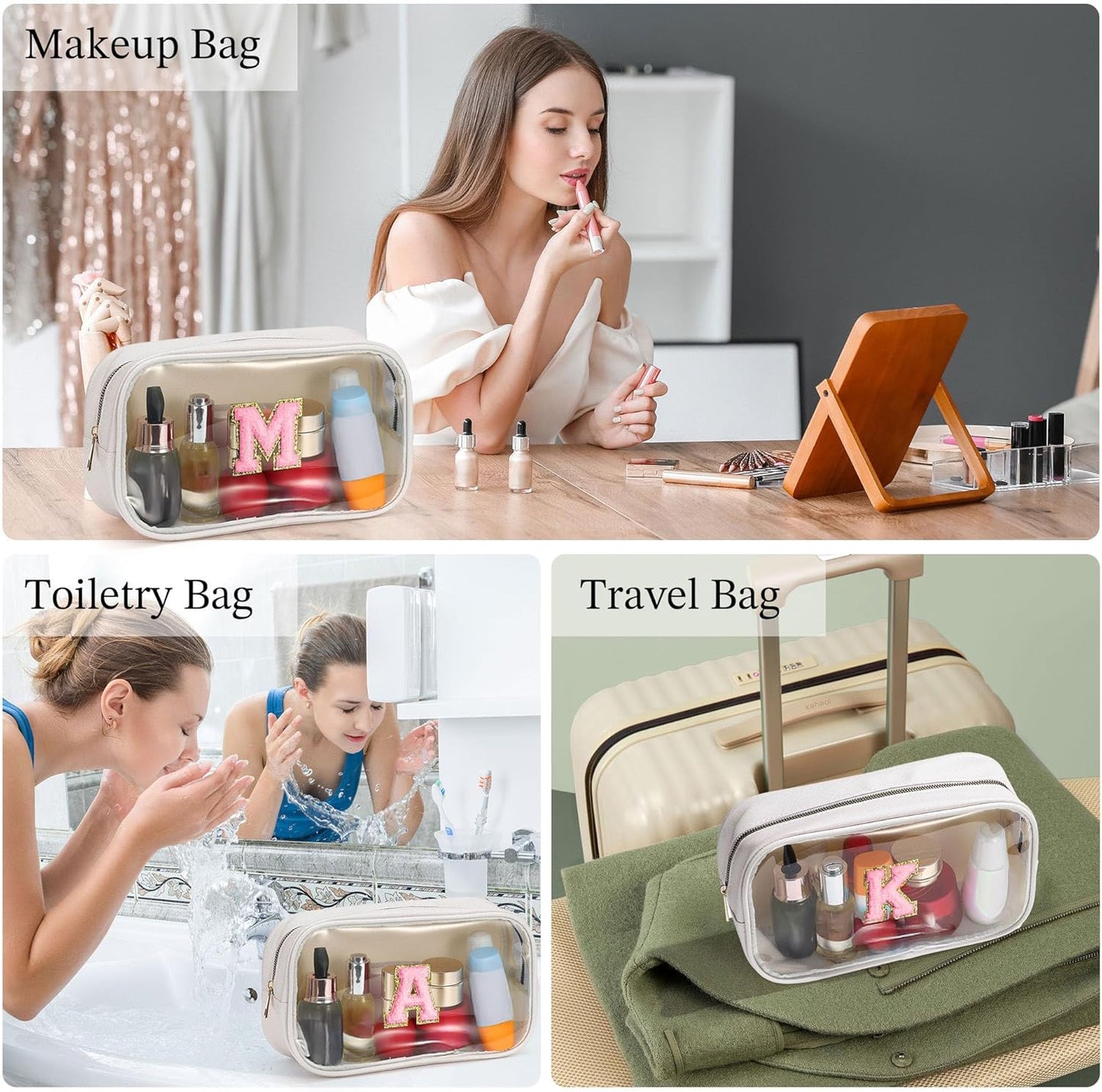 YOOLIFE Cute Travel Toiletry Bag - White Makeup Bag Organizer for Cosmetics, Skincare, Gifts for Women, Bridesmaid, Mother, Girlfriend, Initial D