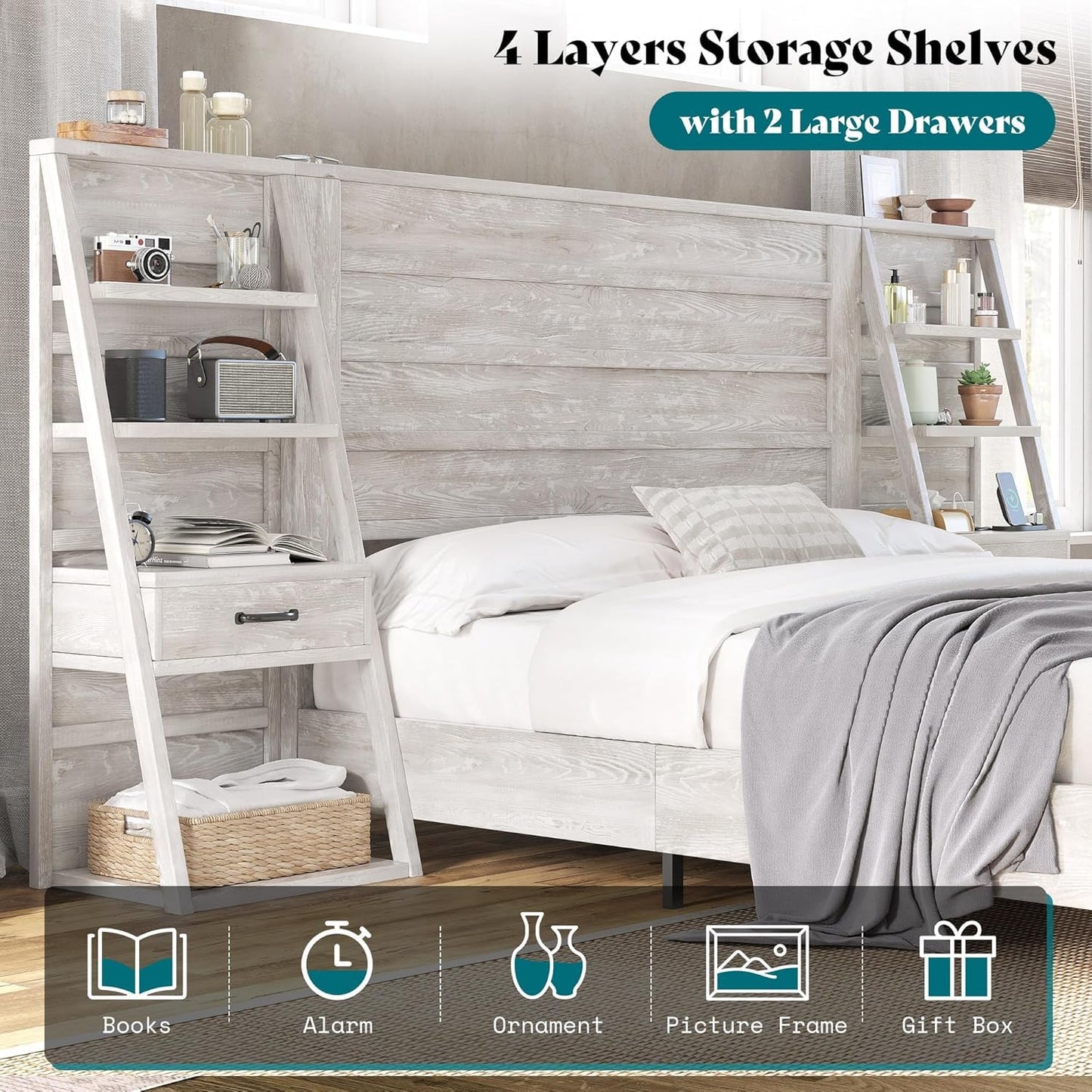 AMERLIFE Queen Bed Frame with Bookcase Headboard & 4-Tier Bedside Shelf, Farmhouse Platform Bed with Charging Station and 2 Drawers, Noise-Free,