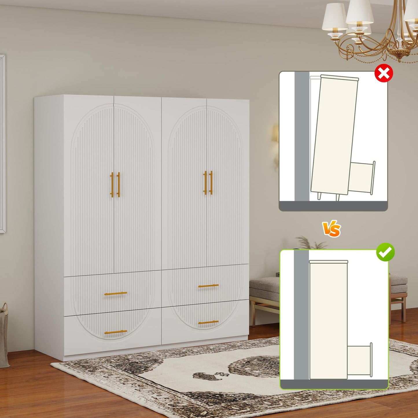 Keloyid Wardrobe Armoire Closet with 4 Door, 3 Shelves, 4 Drawers and 1 Hanging Rods, Wooden Closet Storage Cabinet for Bedroom, White