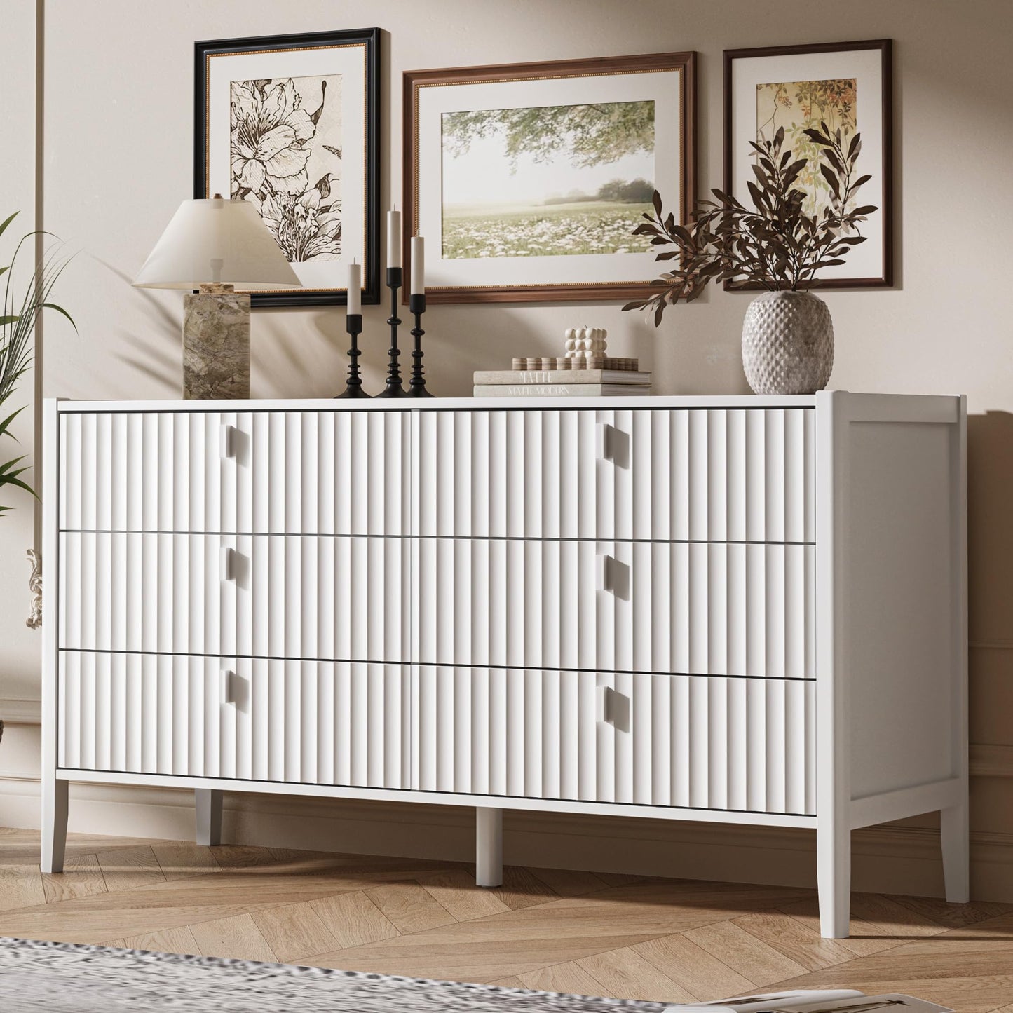 MAISONARIA White 6 Drawer Dresser for Bedroom, Modern Wood Dresser, Fluted Design Double Chest of Drawers with Wood Legs, TV Stand Storage Cabinet for Bedroom, Living Rooms, Offices, and Entryways