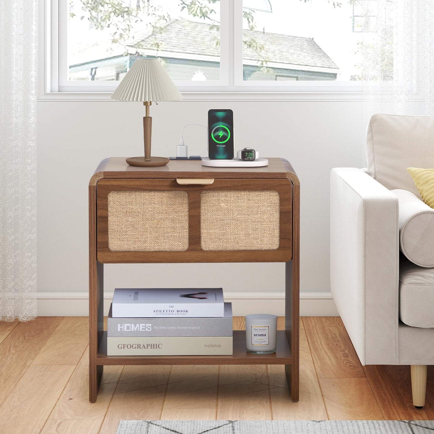 LEVNARY Nightstand with Charging Station, Mid-Century Modern Bedside Table with Curved Top Corners and Fabric-Like Textured Drawer, Wooden End Table for Farmhouse Bedroom Living Room (1, Walnut)
