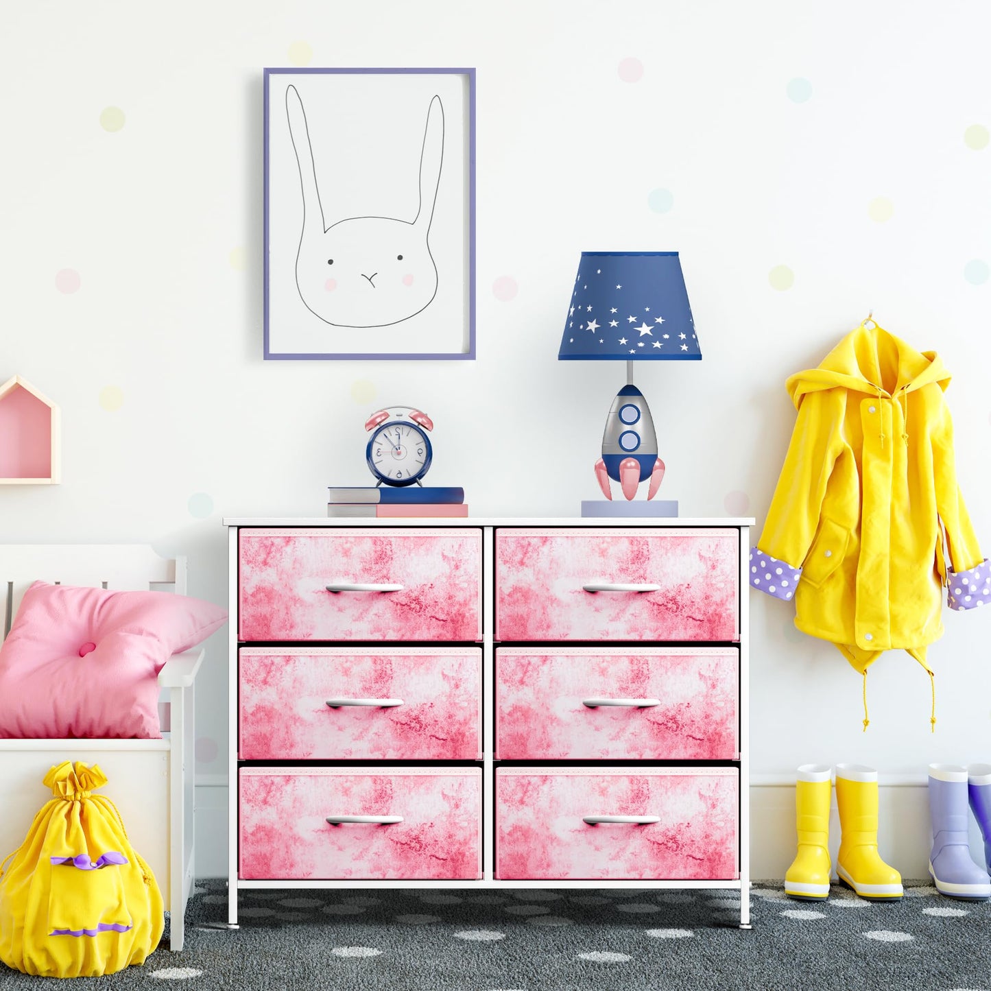 Sorbus Kids Dresser with 6 Drawers - Storage Chest Organizer Unit with Steel Frame, Wood Top & Handles, Tie-dye Fabric Bins for Clothes - Wide Furniture for Bedroom Hallway Kids Room Nursery & Closet