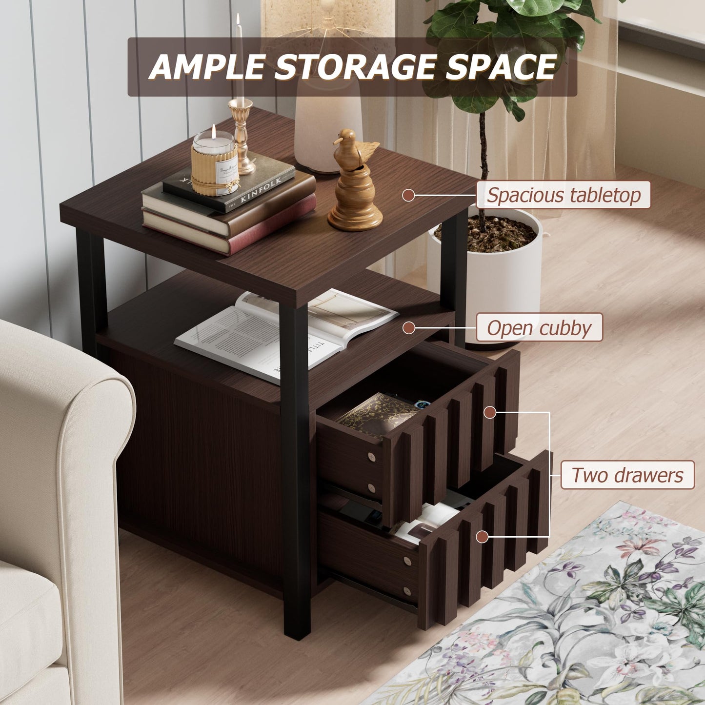UEV Coffee Table Set of 3,Living Room Table Set,Mid Century Coffee Table,End Side Tables Set of 2 with 2 Drawer for Living Room & Bedroom,Walnut